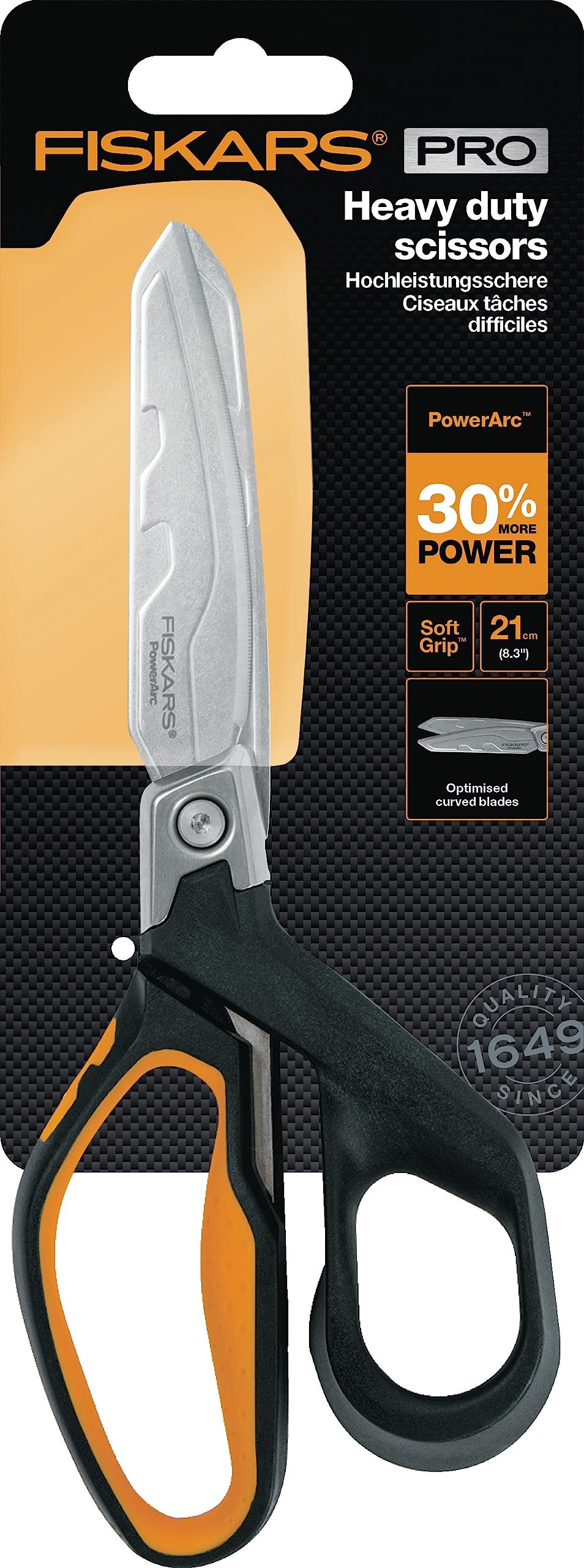 Fiskars Hochleistungsschere, Bis zu 30% mehr Kraft, Länge 21 cm, Langlebiger rostfreier Stahl/Kunststoff, Schwarz/Orange, PowerArc, 1027204