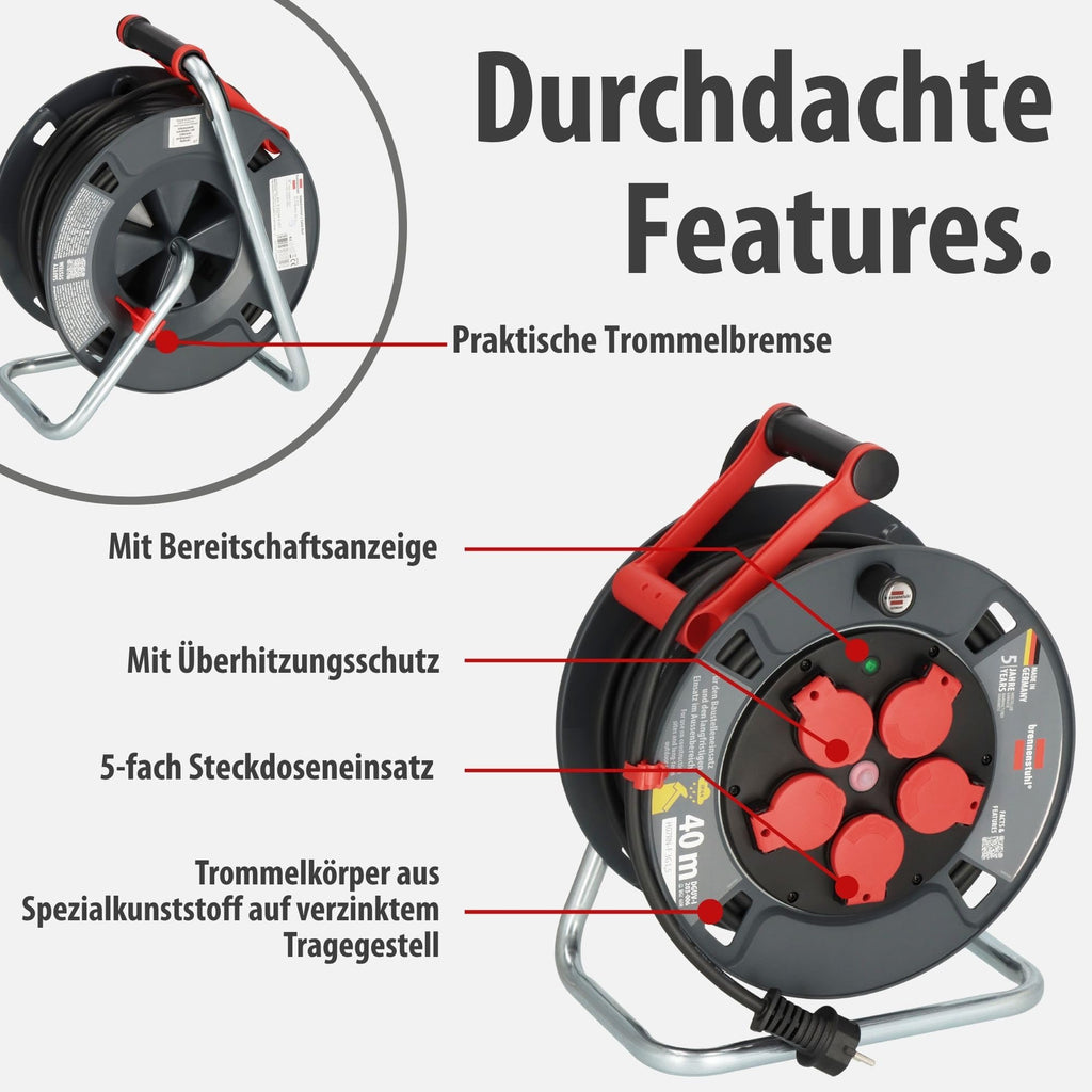 Brennenstuhl Professional Kabeltrommel 300 KU 4100 (40m Kabel in schwarz, aus Spezialkunststoff, Baustelleneinsatz und ständiger Einsatz im Außenbereich, Made in Germany)