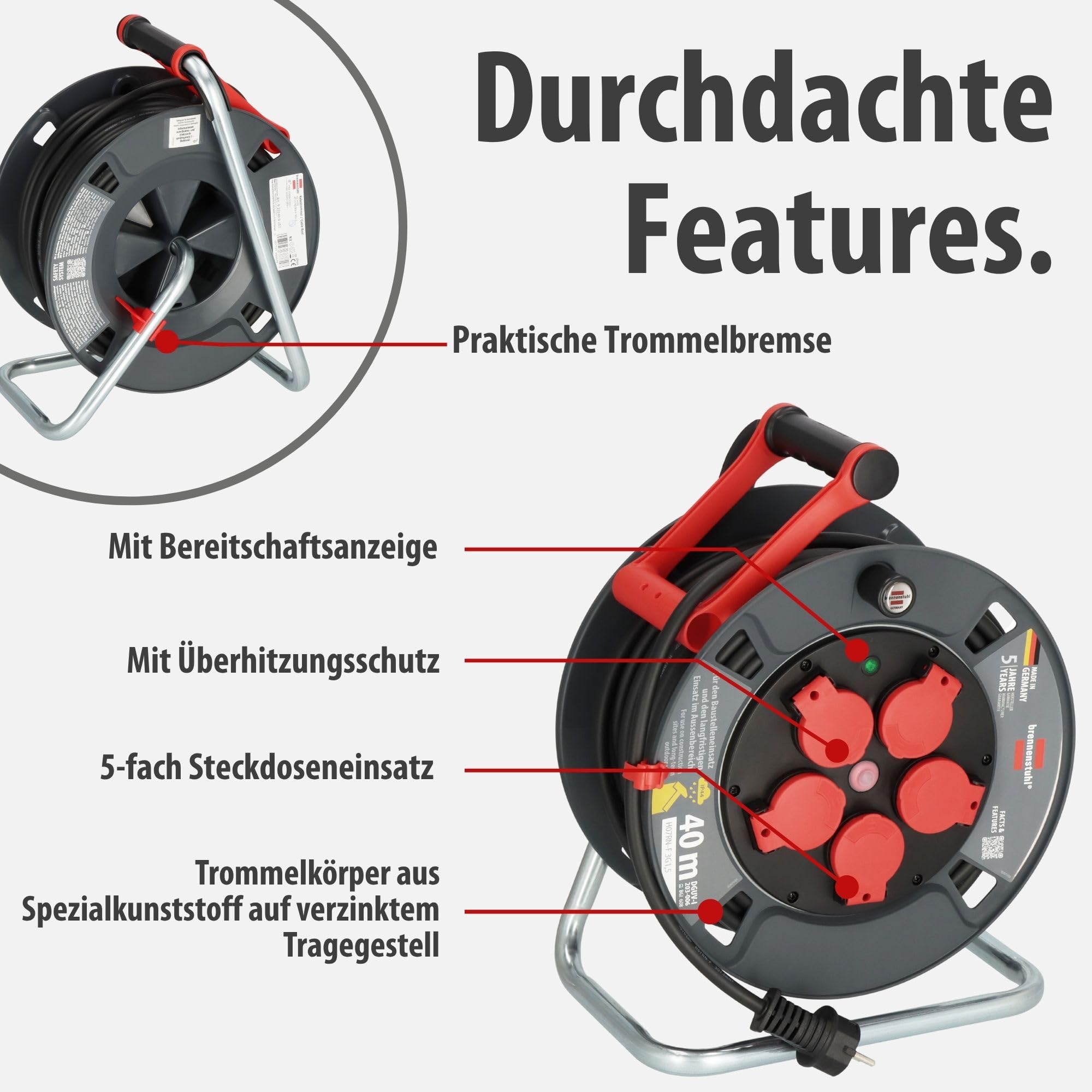 Brennenstuhl Professional Kabeltrommel 300 KU 4100 (40m Kabel in schwarz, aus Spezialkunststoff, Baustelleneinsatz und ständiger Einsatz im Außenbereich, Made in Germany)