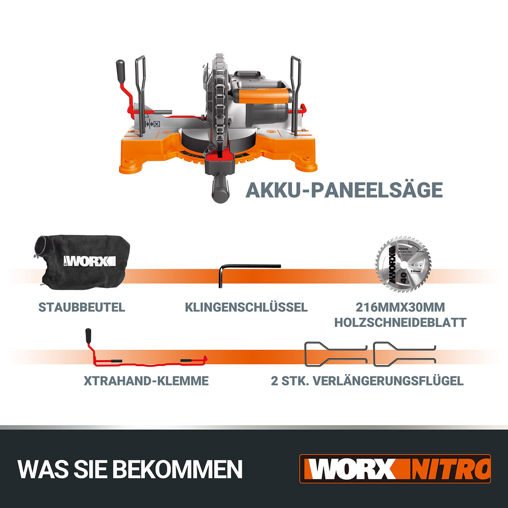 WORX WX845.9 NITRO Akku Paneelsäge 20V – multifunktionale Säge zum Zug-, Kapp-, & Gehrungssägen – 0-45° Schrägschnitte – 220mm in Holz – sicher & bequem dank XtraHand-Klemme – ohne Akku & Ladegerät