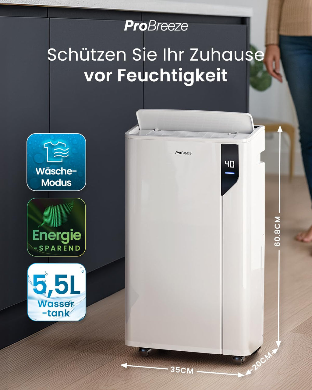 Pro Breeze Luftentfeuchter 20L in 24h Entfeuchtungsleistung - Luftentfeuchter elektrisch mit Wäschemodus, Feuchtigkeitssensor, Luftfilter, Timer - Gegen Schimmel - Entfeuchter elektrisch für bis 35m²