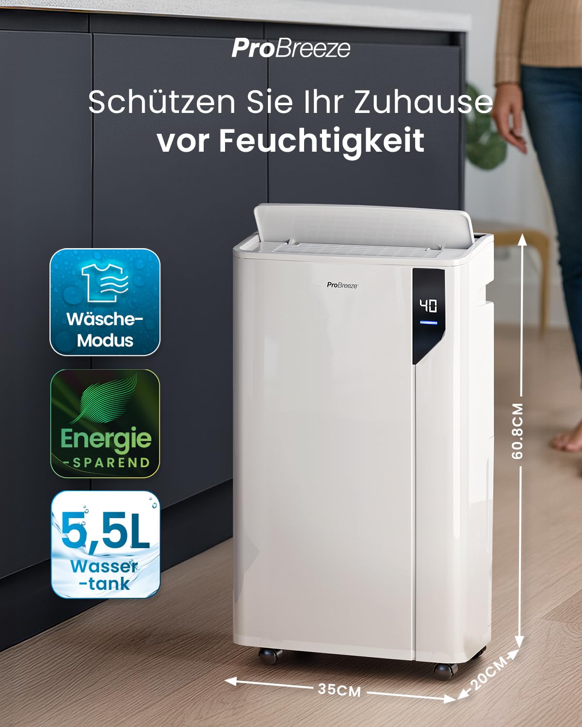 Pro Breeze Luftentfeuchter 20L in 24h Entfeuchtungsleistung - Luftentfeuchter elektrisch mit Wäschemodus, Feuchtigkeitssensor, Luftfilter, Timer - Gegen Schimmel - Entfeuchter elektrisch für bis 35m²