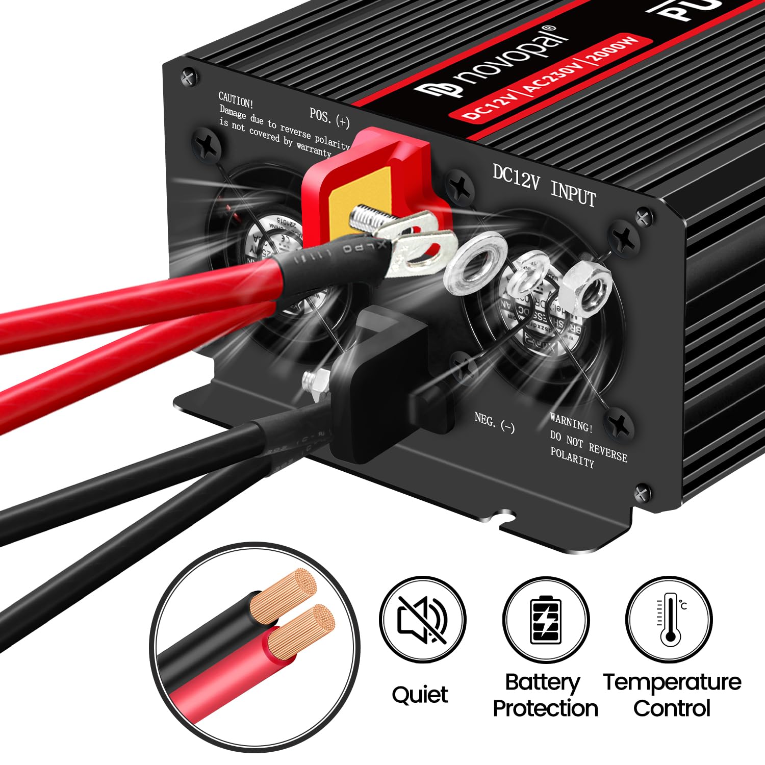 NOVOPAL 2000W/4000W Reiner Sinus Wechselrichter 12V auf 230V Spannungswandler mit 2 EU-Steckdose