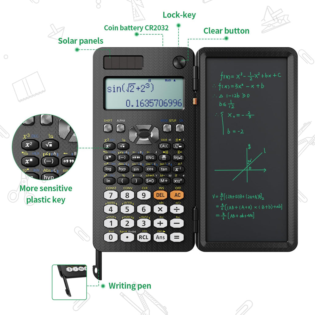 NEWYES 991ES Wissenschaftlicher Taschenrechner mit Notizblock und Stift- 417 Funktionen, Solar und Batterie Dual Stromversorgung, Ideal für Gymnasiasten, Studenten, Lehrer& Ingenieure