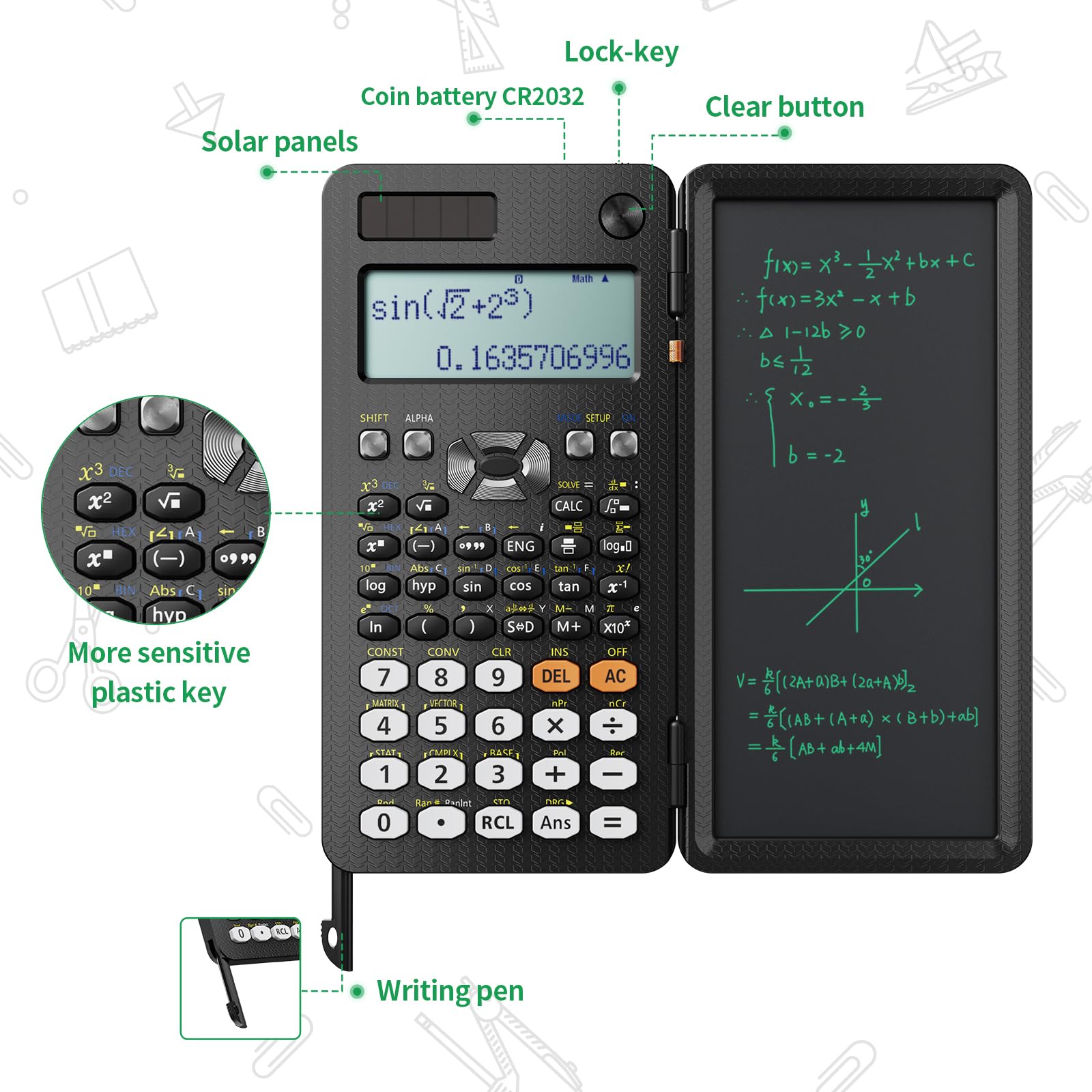 NEWYES 991ES Wissenschaftlicher Taschenrechner mit Notizblock und Stift- 417 Funktionen, Solar und Batterie Dual Stromversorgung, Ideal für Gymnasiasten, Studenten, Lehrer& Ingenieure