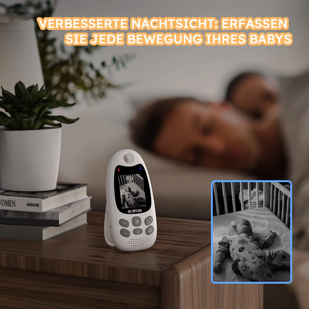 BOIFUN Babyphone mit Kamera 2 Zoll Tragbares Vox-Funktion Temperatursensor Nachtsicht-Video-Babyfon 2,4 Ghz, Intelligentes Standby Baby Monitor Gegensprechanlage Schlaflieder Lange Akkulaufzeit, 720p