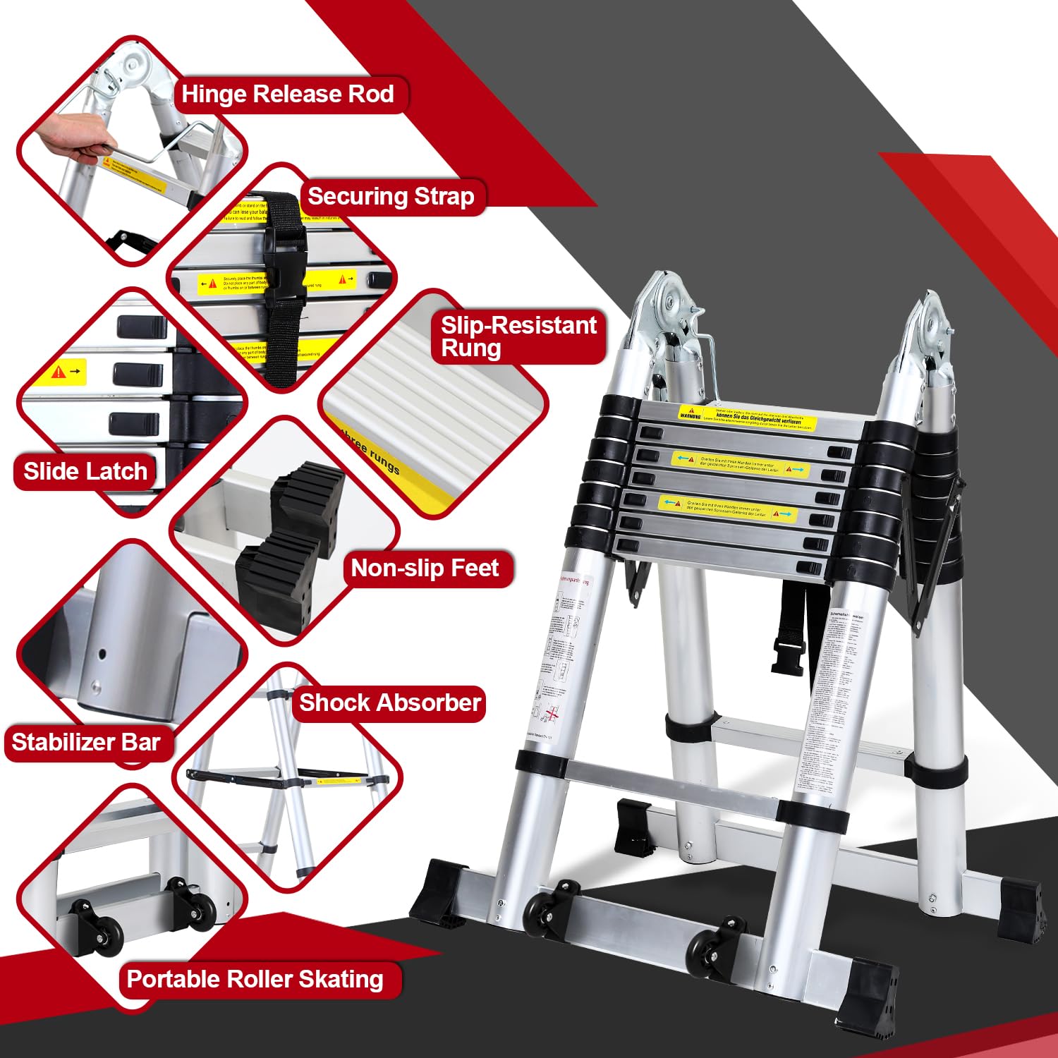 Joparri Teleskopleiter Klappleiter Aluminium, 5M Ausziehbare Leiter, Rutschfester Aluleiter Stehleiter Mehrzweckleiter Aluminiumleiter, Teleskop Ausziehleiter 150 kg Belastbarkeit