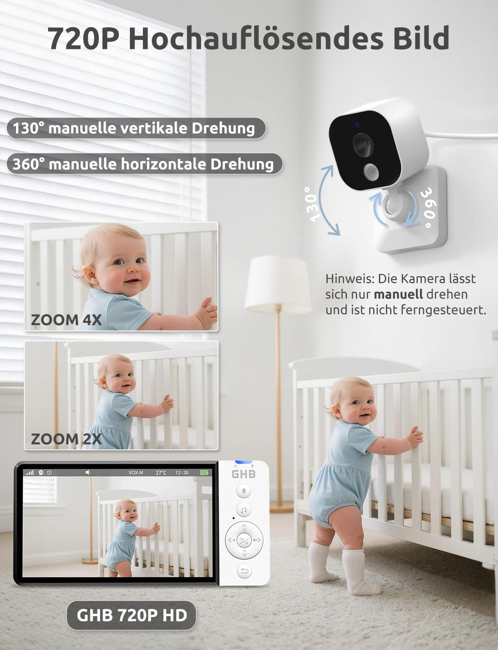 GHB Babyphone mit Kamera 5 Zoll 720P HD 5000mAh IPS-Display VOX-Modus 4X Zoom Nachtsicht Gegensprechen Temperaturanzeige Nicht drehbar