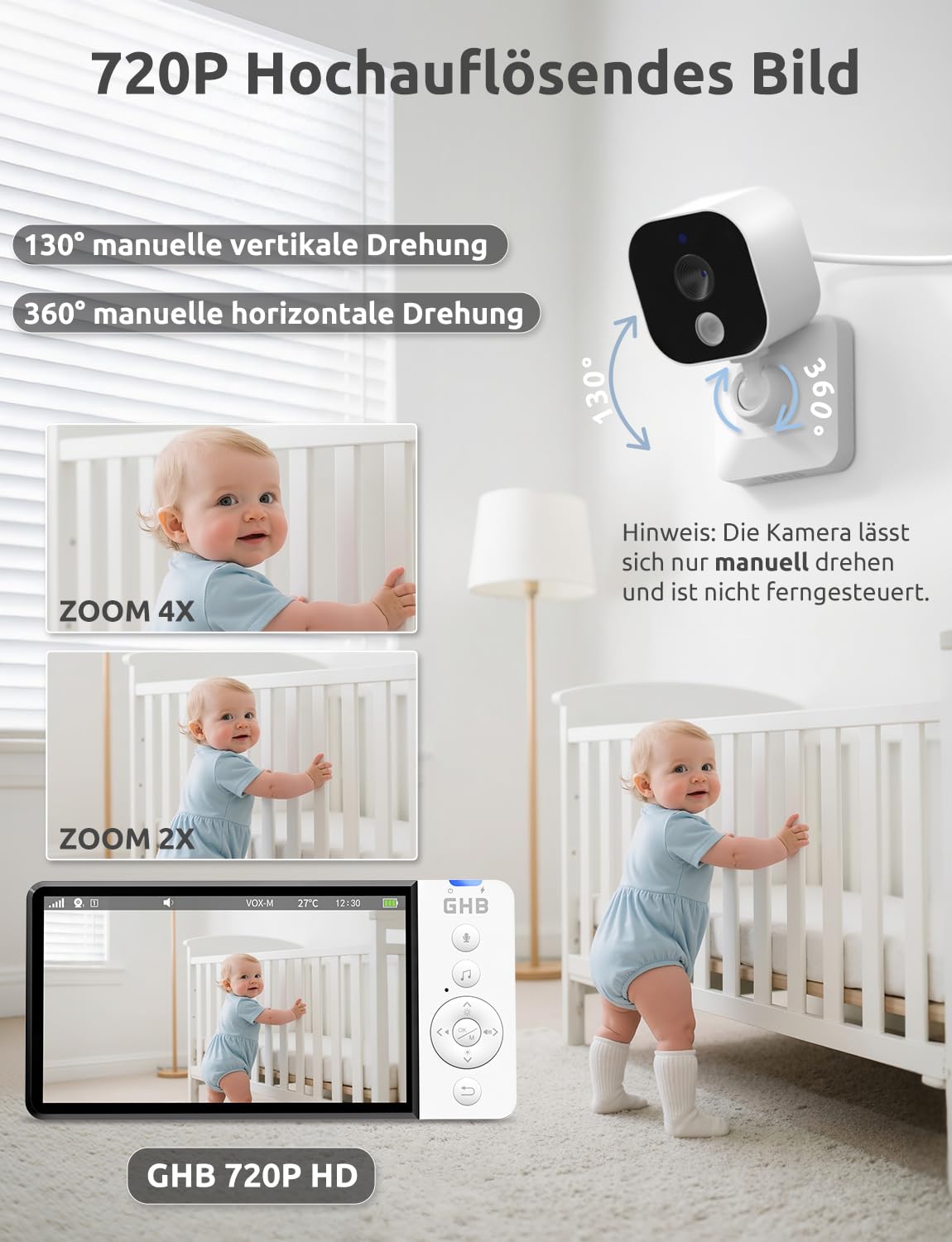 GHB Babyphone mit Kamera 5 Zoll 720P HD 5000mAh IPS-Display VOX-Modus 4X Zoom Nachtsicht Gegensprechen Temperaturanzeige Nicht drehbar