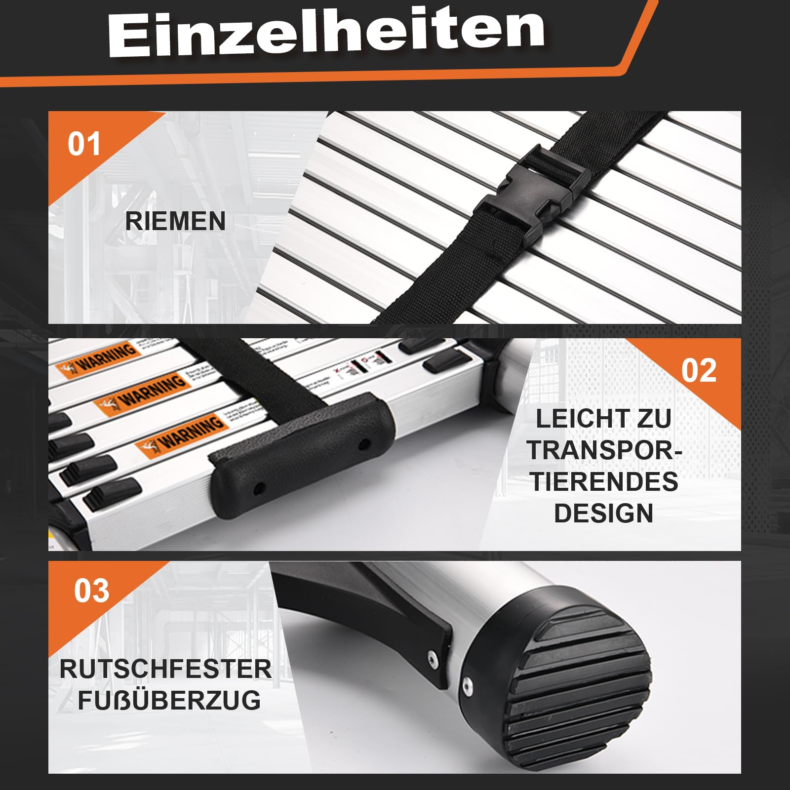 HBTower Teleskopleiter 3,8 m aus Aluminium, Klappbare Ausziehleiter mit Rutschfesten Füßen, Robust & Tragbar, Tragkraft 150 kg, Ideal für Dachrinnenreinigung & Außenreparaturen, Silber