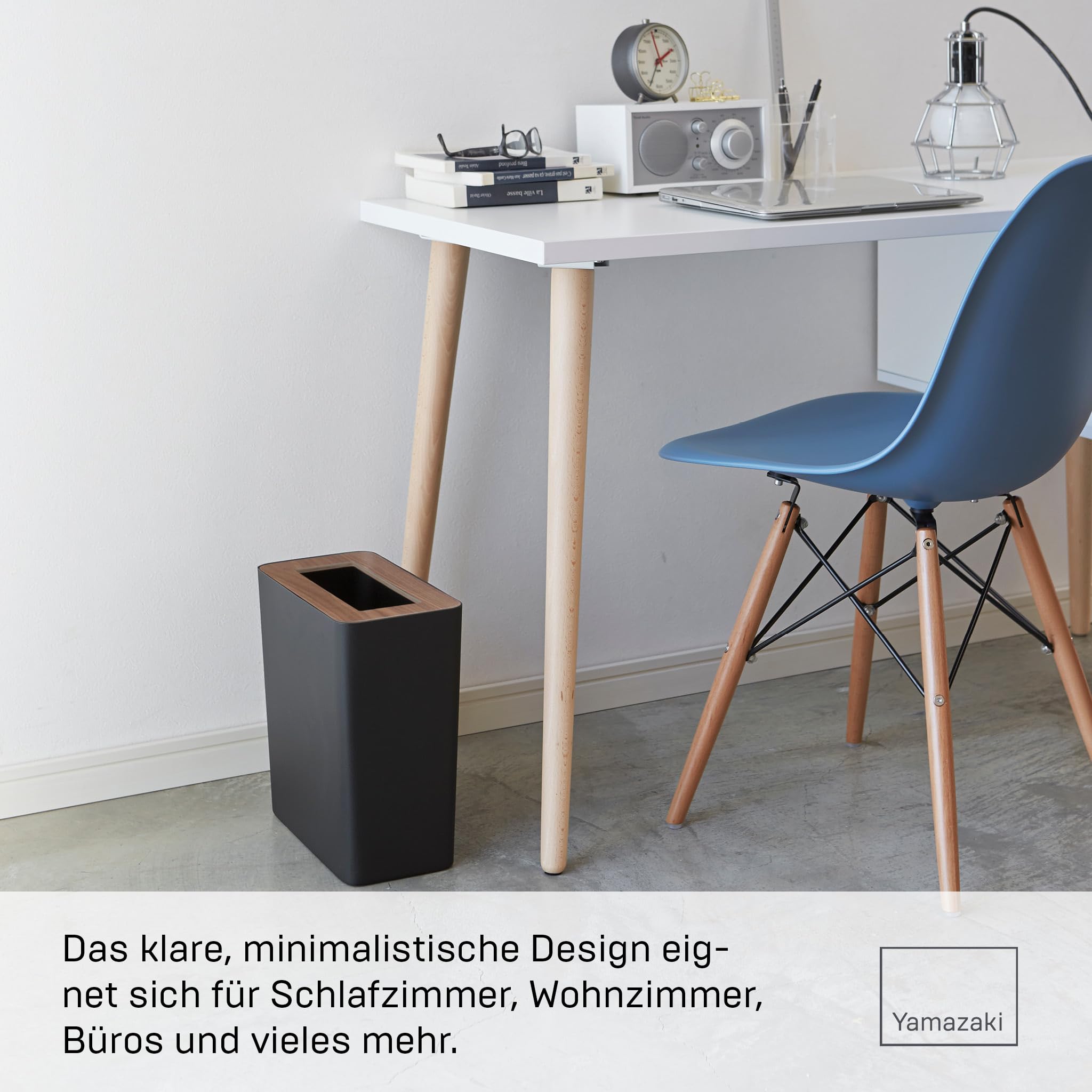 Yamazaki Rin' 3195 Papierkorb-Mülleimer für Wohnzimmer, Büro, Arbeitszimmer, Stahl, Holz, schwarz, L 28 x B 15 x H 30 cm