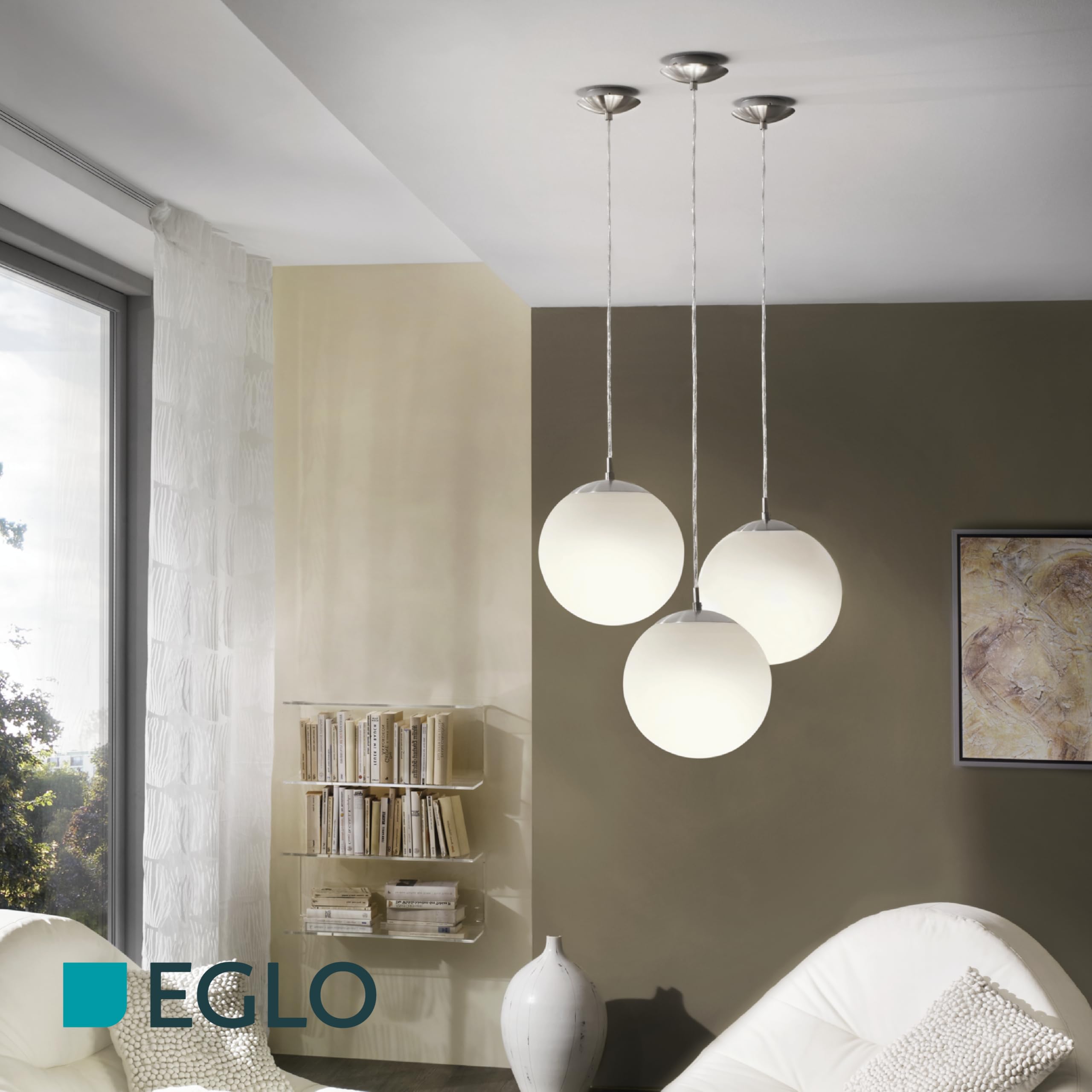 EGLO Pendellampe Rondo, 1 flammige Pendelleuchte, Hängeleuchte aus Metallin Silber, Glas in Opal matt weiß, E27 Fassung, Ø 30 cm