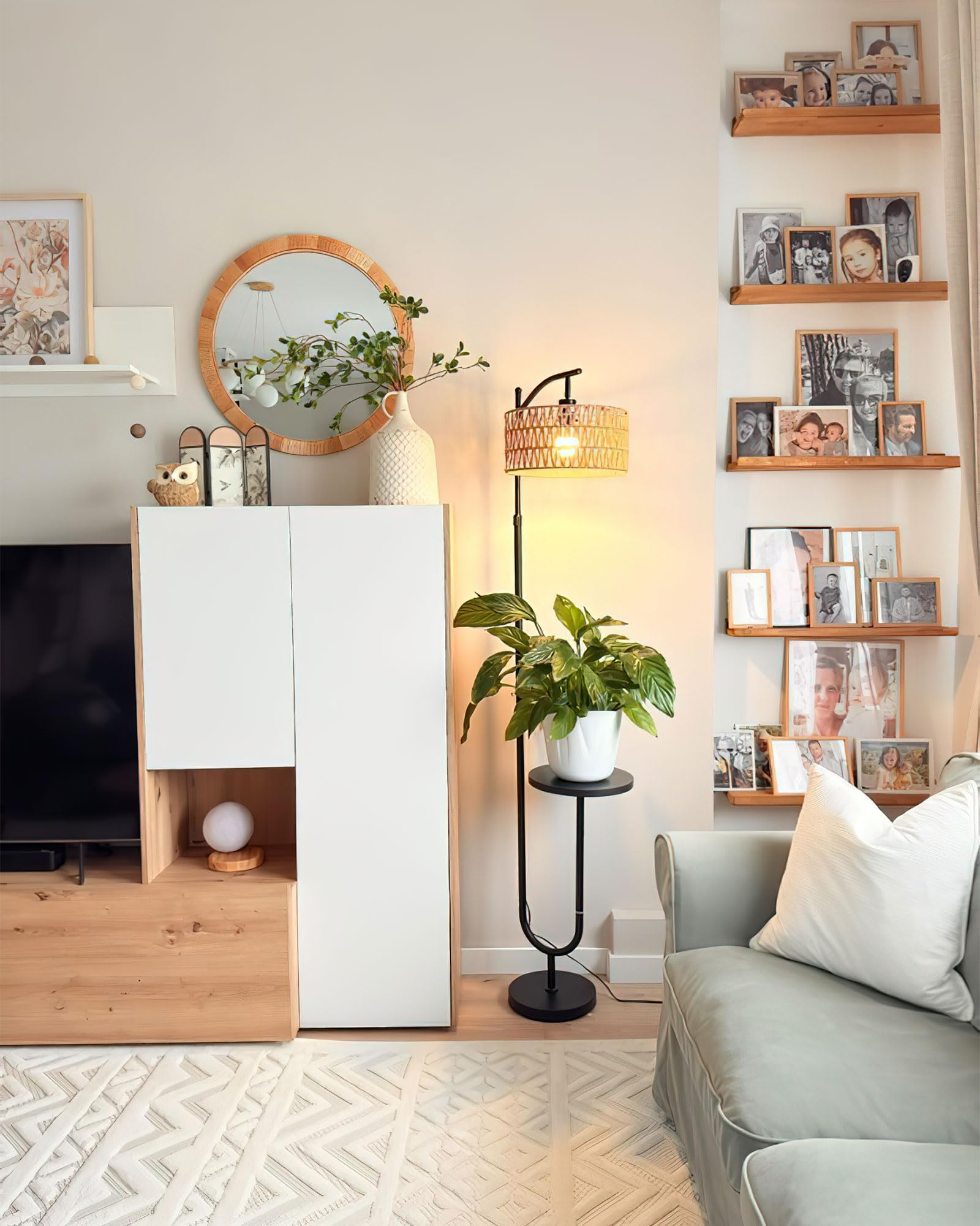 LuminexDesigns Stehlampe Wohnzimmer Vintage Rattan - Stehleuchte Schwarz Retro E27 mit Ablage Höhenverstellbar 176CM Boho Standleuchte mit 2M Kabel Fußschalter Beige Standlampe für Schlafzimmer