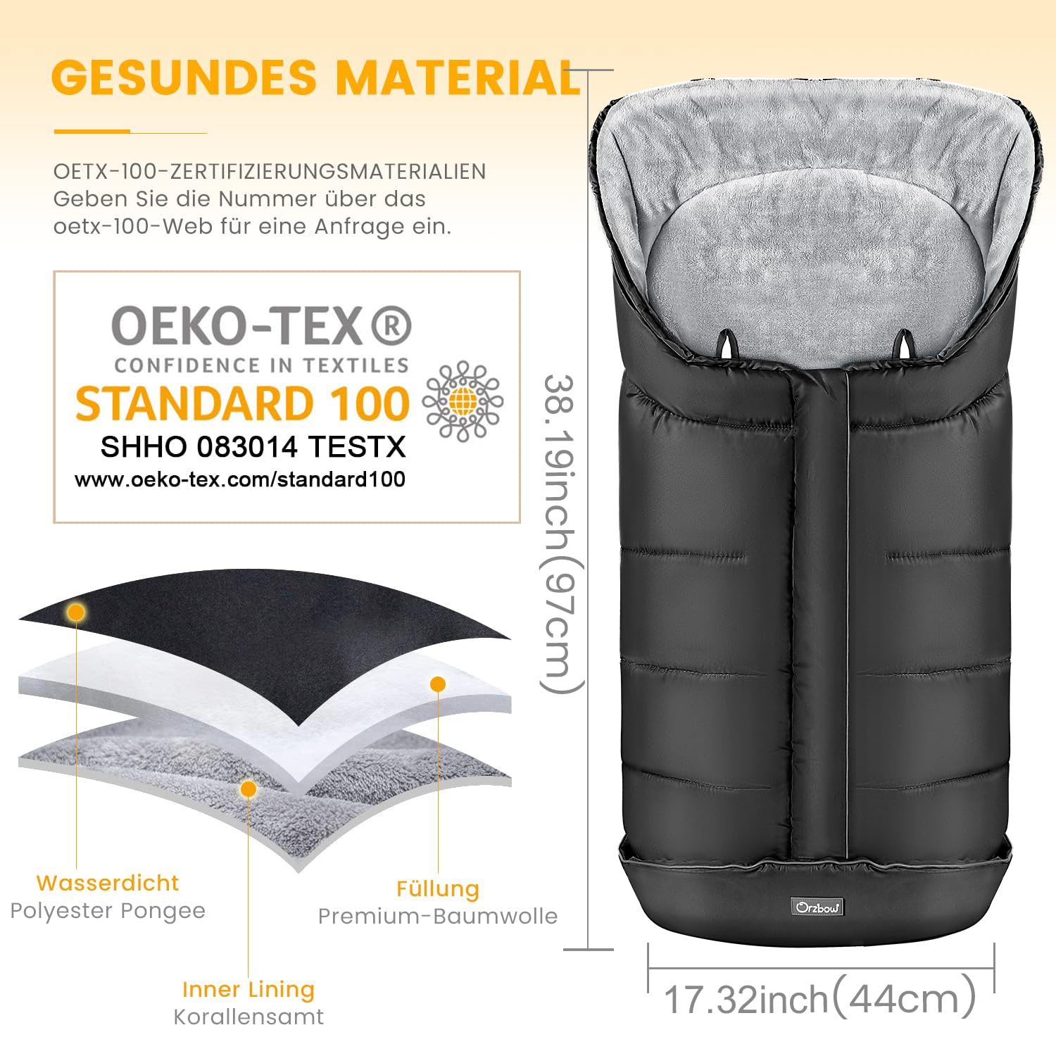 Orzbow Fußsack Kinderwagen Winter, Fußsack Buggy Fusssack Kinderwagen Baby Winter mit Wamres Korallen-Fleece, Reißverschluss, Anti-Rutschschutz & Reflektorstreifen, Universelle & Wasserdicht, Schwarz