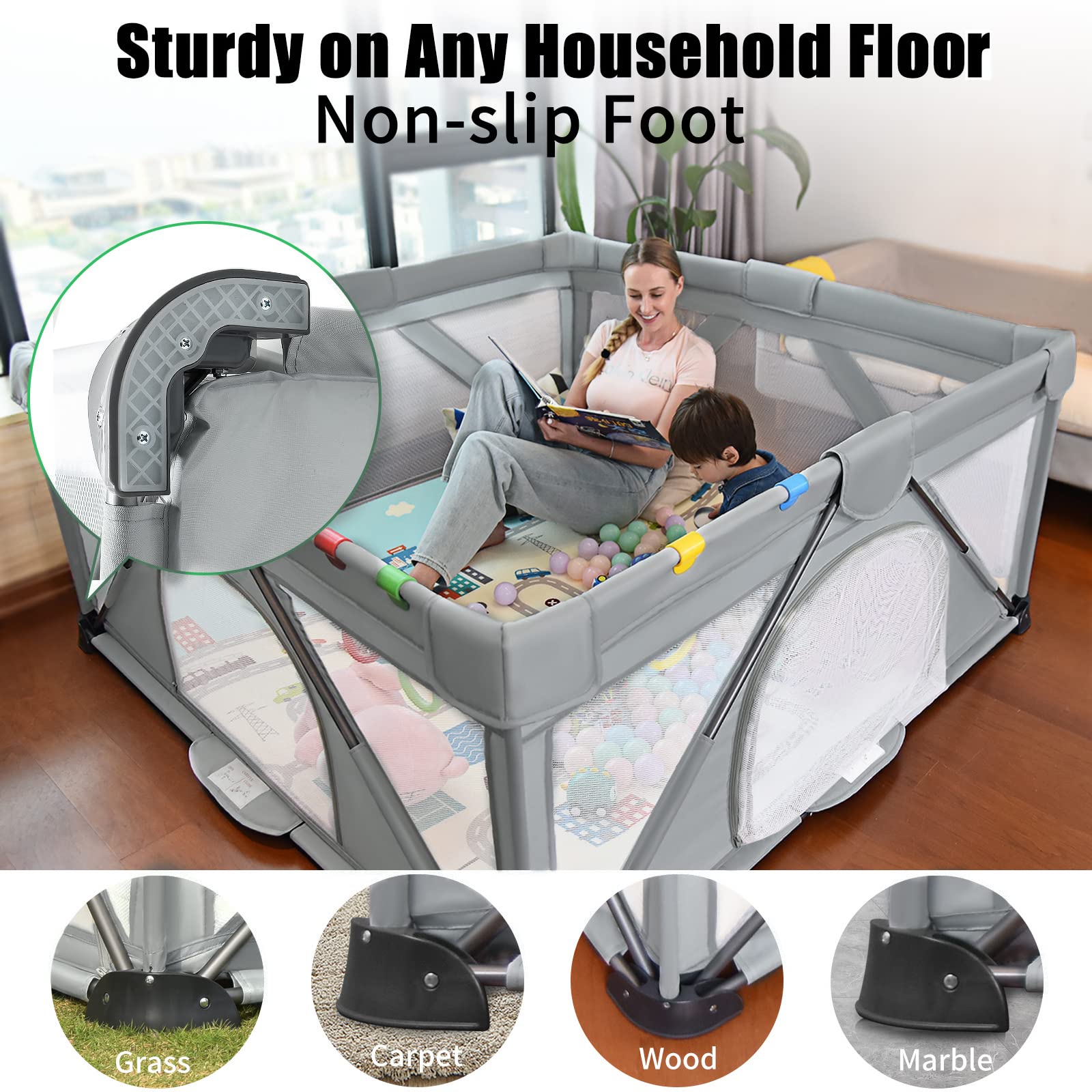 Baby Laufgitter faltbar, Heyo.Ja großer Spielhof, Laufgitter für Babys und Kleinkinder, Spiel Stifte für Babys und Kleinkinder mit Tor, tragbarer Laufstall für drinnen und draußen (150 x 180 x 68 cm)