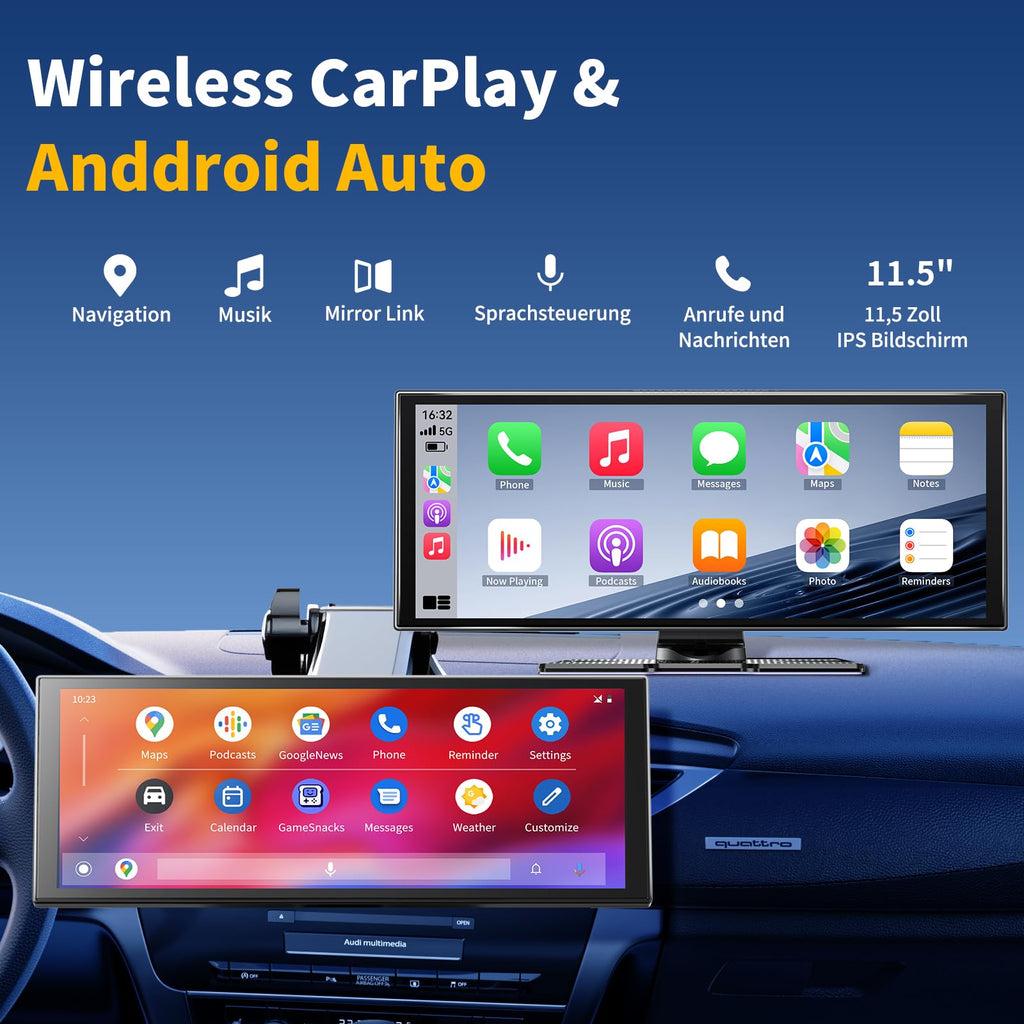 2026 Neuestes 11,5 Zoll Android Auto Display & Carplay Display: Buddy Display Car Play mit Navigation 4K Dashcam Rückfahrkamera Bluetooth Sprachsteuerung IPS Touchscreen Mirror Link AUX FM 64G TF