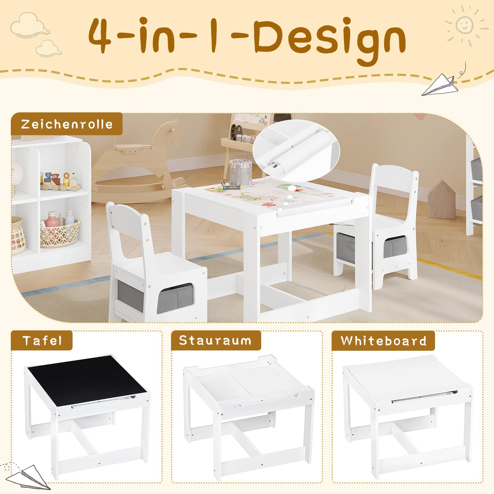 Lestarain 3 TLG. Kindertisch mit 2 Stühlen, Kindersitzgruppe, Kindermöbel Set mit Stauraum, Malttisch für Vorschüler, Tischplatte mit Tafel und Papierrolle, für Kinderzimmer Spielzimmer, Weiß