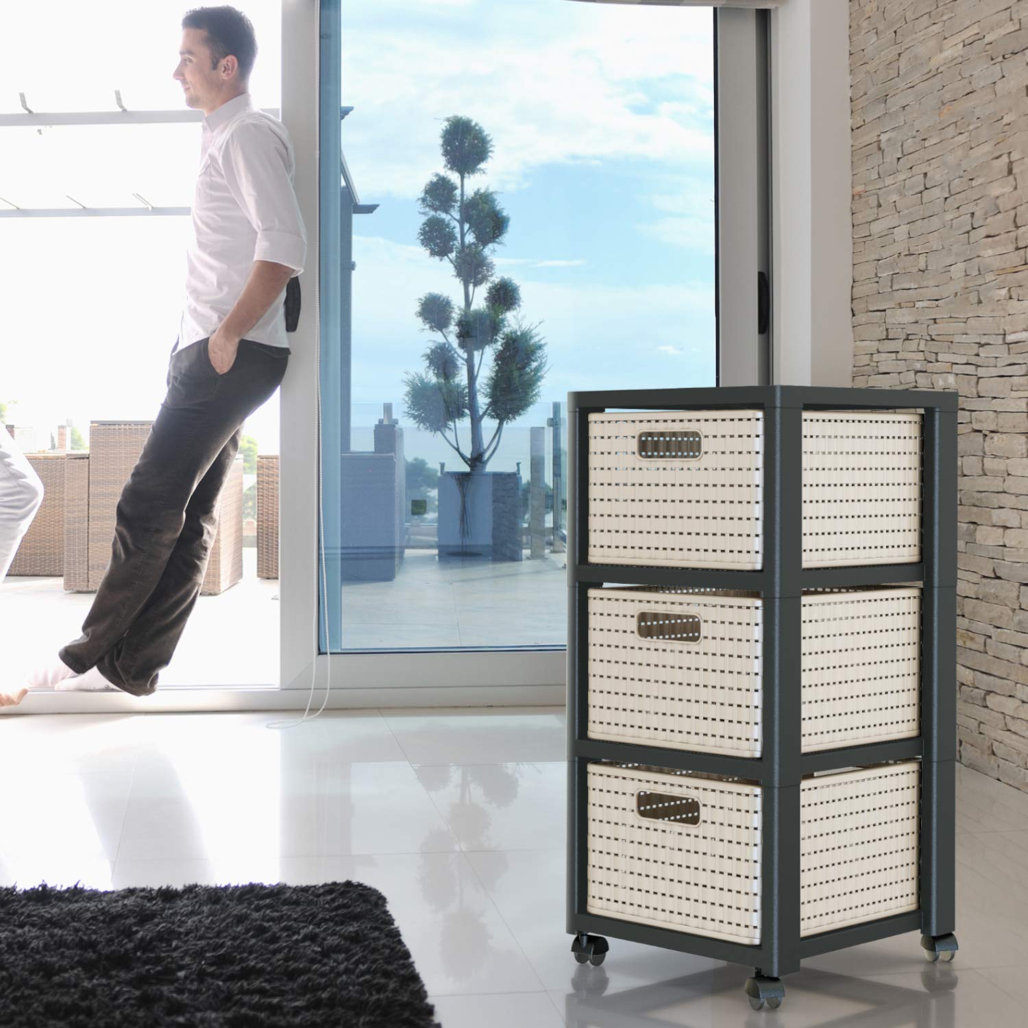 Rotho Country Rollcontainer mit 3 Schubladen in Rattan-Optik, Kunststoff (PP) BPA-frei, weiss, 3 x A4/18l (37.5 x 32.5 x 71.2 cm)