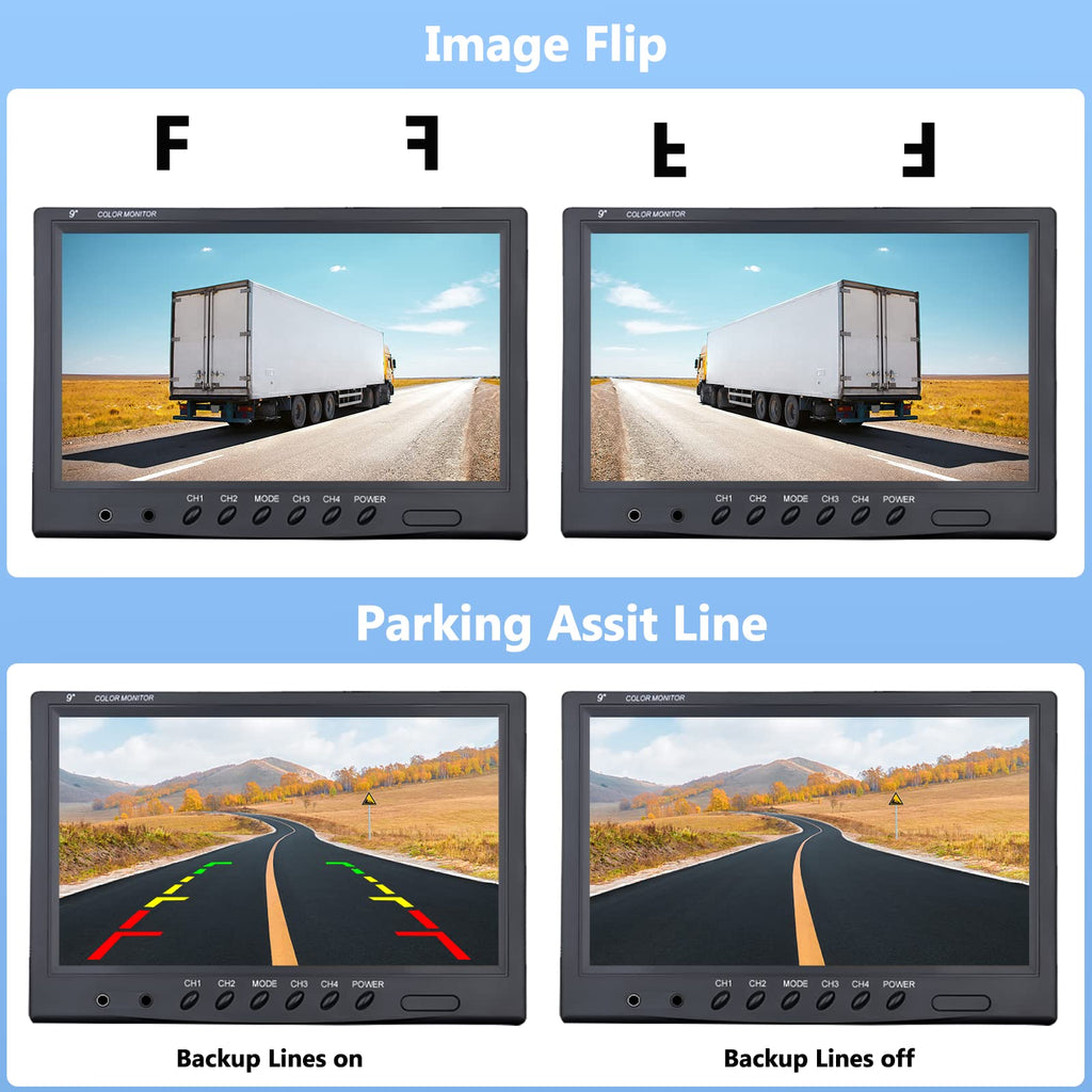 CAMECHO Rückfahrkamera 4 Kameras Set, 9" Monitor 4 Geteilte Rück und Vorder Kamera, Weitwinkel, IP68 wasserdicht, 18IR Nachtsicht, Rückfahrkamera funk für LKW/Anhänger/Bus/Van/Landwirtschaft(12V-35V)