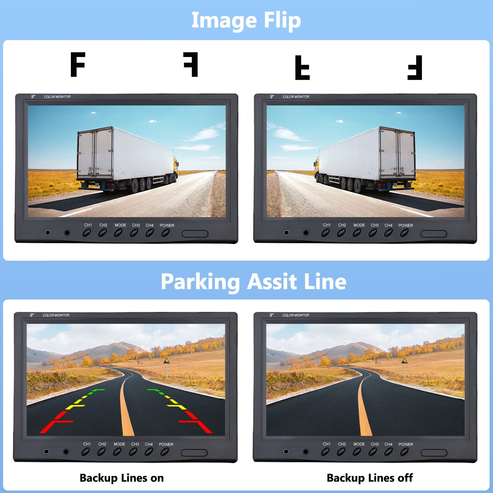 CAMECHO Rückfahrkamera 4 Kameras Set, 9" Monitor 4 Geteilte Rück und Vorder Kamera, Weitwinkel, IP68 wasserdicht, 18IR Nachtsicht, Rückfahrkamera funk für LKW/Anhänger/Bus/Van/Landwirtschaft(12V-35V)