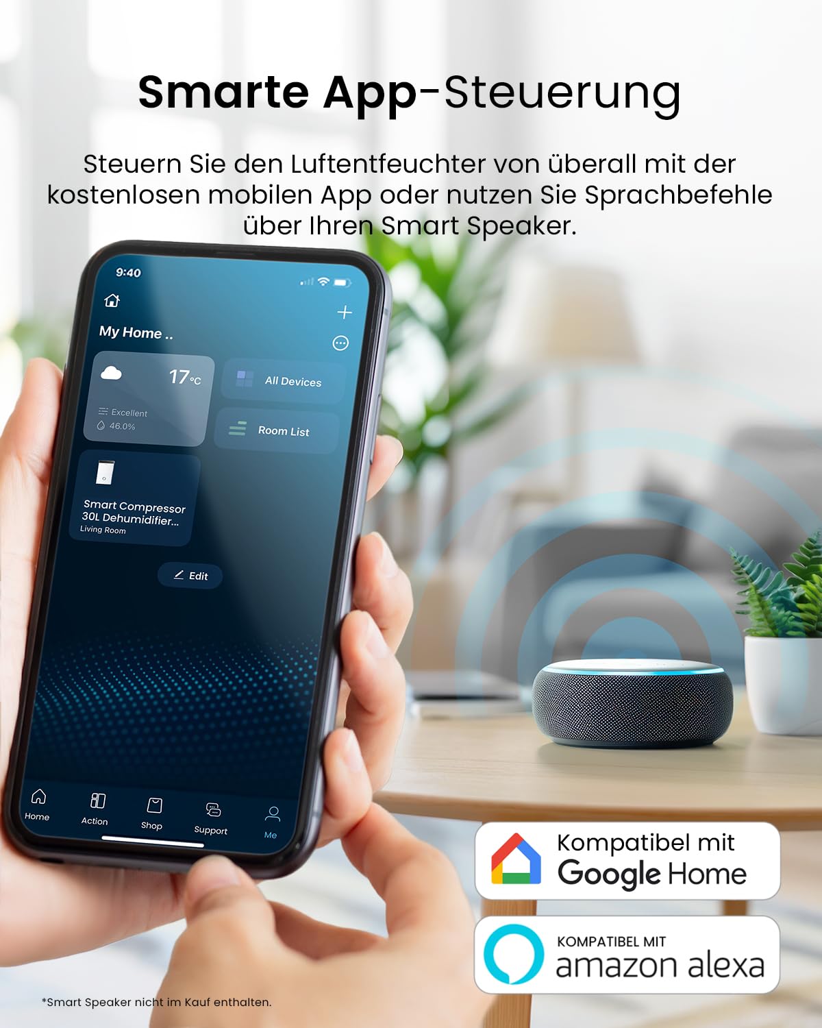 Pro Breeze Luftentfeuchter 30L in 24h Entfeuchtungsleistung - Elektrischer Luftentfeuchter mit WLAN & App - Feuchtigkeitssensor, 4L Wassertank, Timer, Ablaufschlauch - Gegen Feuchtigkeit, Schimmel