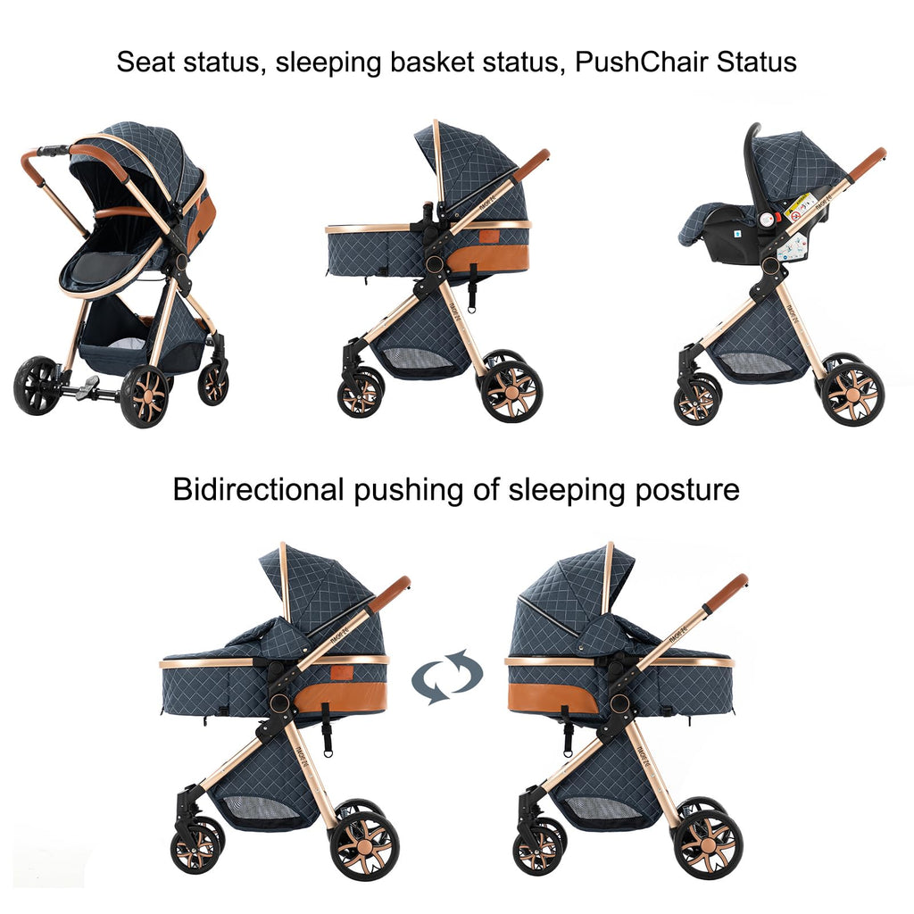 MoLi Kinderwagen 3 in 1, Kinderwagen mit Umkehrbarem Doppelschiebemodus, Buggy mit Großer Bequemer Babywanne, Kombikinderwagen 3 in 1 Rahmen Aluminiumlegierung Faltbar Hohe Landschaft (225 Khaki)