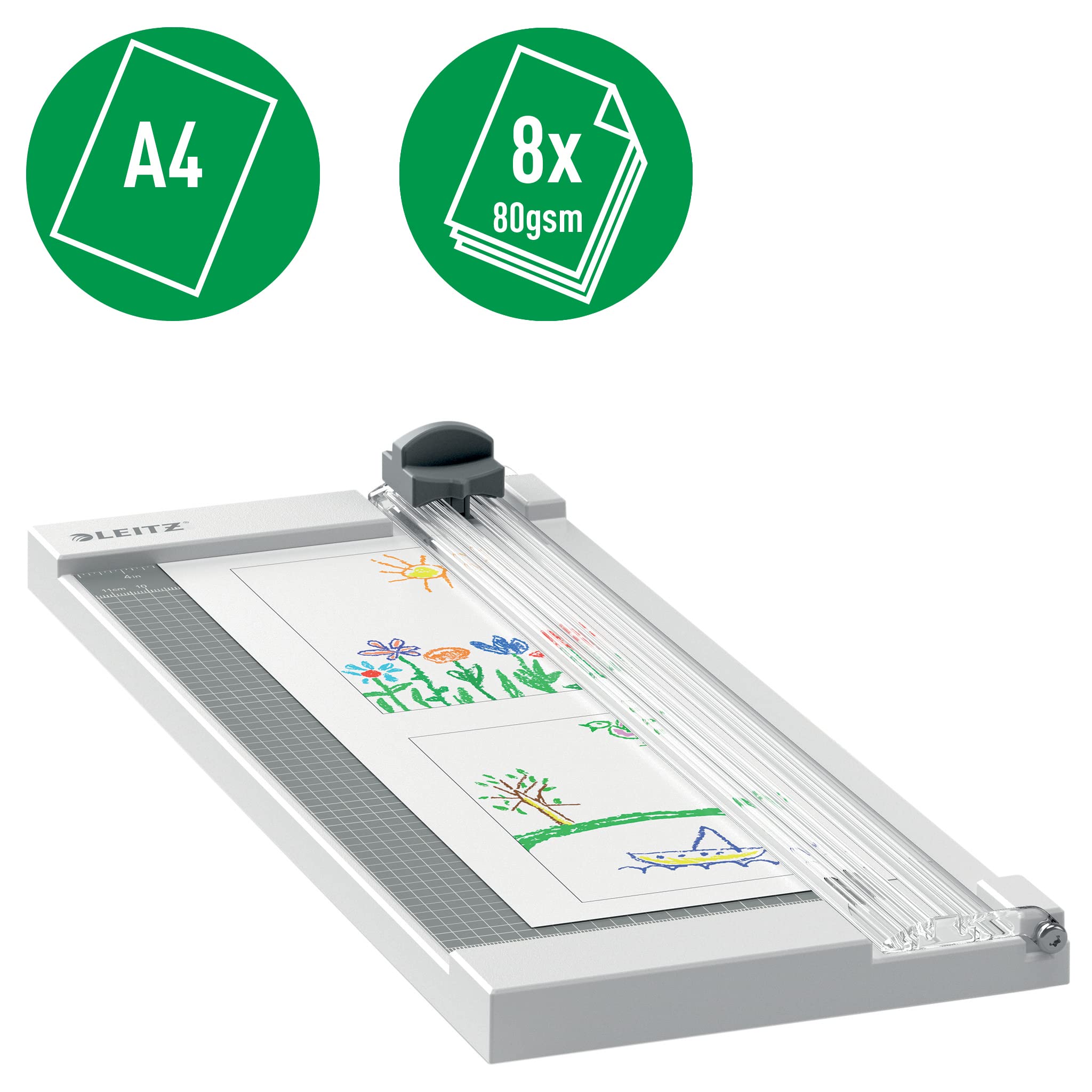 Leitz Home Papierschneider A4, Für bis zu 8 Blatt, Schneidemaschine mit 305 mm Schnittlänge, Scharfe, gehärtete Stahlklingen, Optimal für Heim-, Bastel- oder Hobbygebrauch, 90250000