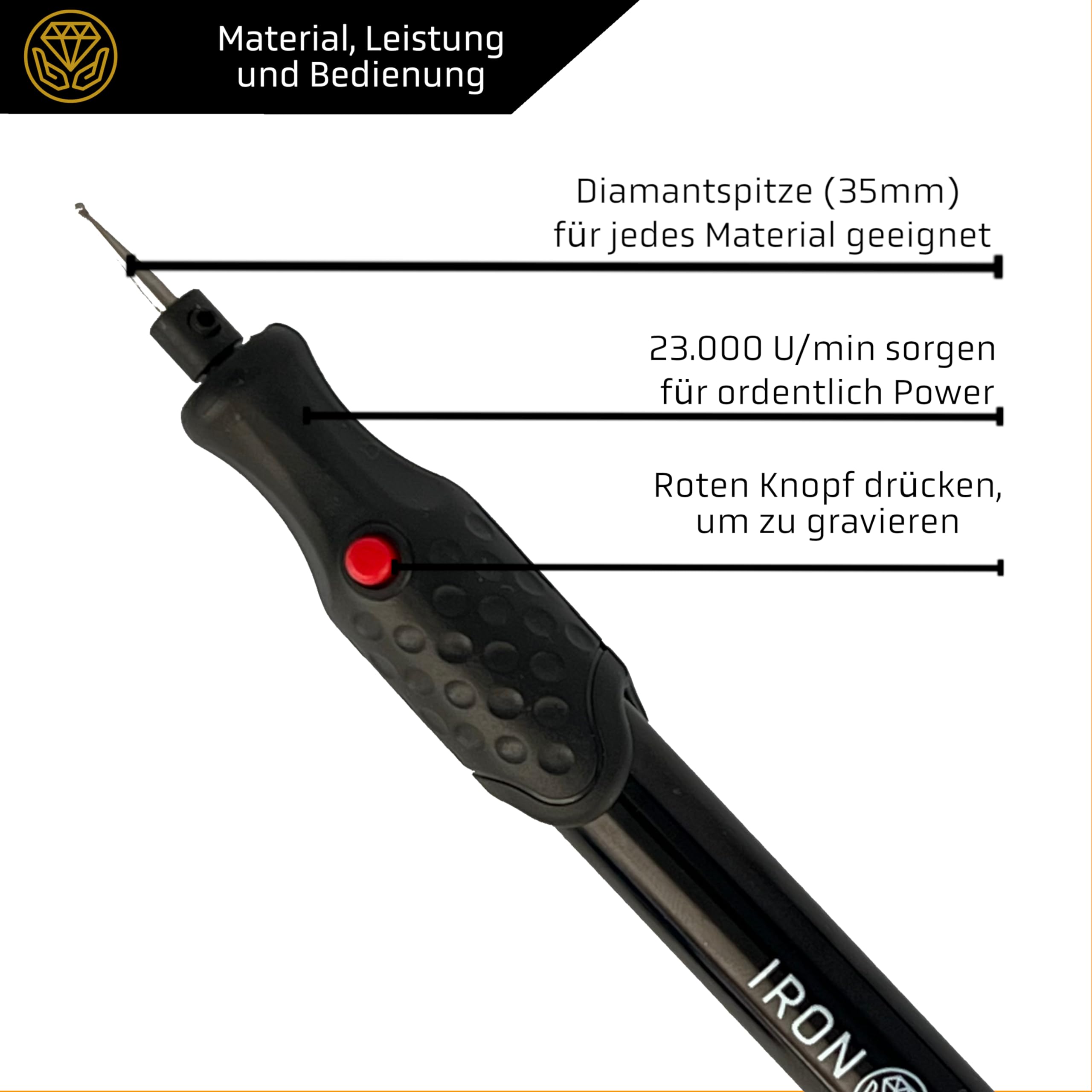 IRON HODL - Gravierstift mit Diamantspitze für Metall, Keramik, Glas gravieren - 2X AAA Batteriebetrieben - Engraving Pen Gravierstift Elektrisch für DIY Schmuck und Schloss Gravur Gerät (schwarz)