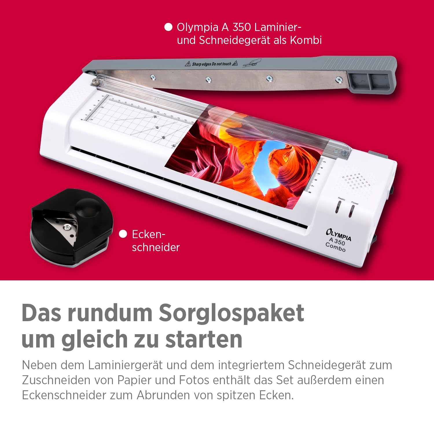 Olympia A 350 Combo 3-in-1 Laminiergerät | Heiß- und Kaltlaminieren | Kombi Laminier- und Schneidegerät | Keine Blasenbildung | Laminiergerät A4 | Laminator | Modernes und kompaktes Design