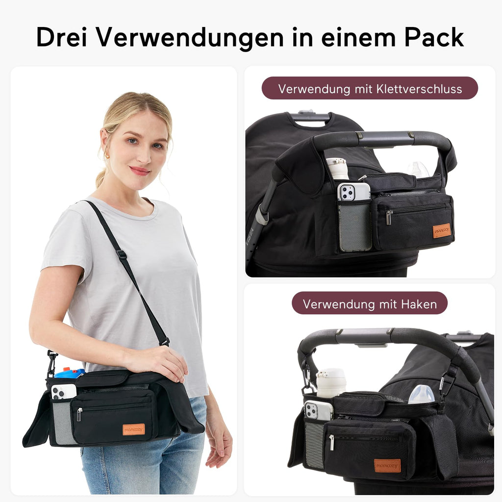 Kinderwagen Organizer Universal mit Isolierten Getränkehalter/Becherhalter, Momcozy Buggy Kinderwagentasche Baby Zubehör mit Reißverschlusstasche, Schultergurt und Stauraum für Windeln&Handys, Schwarz