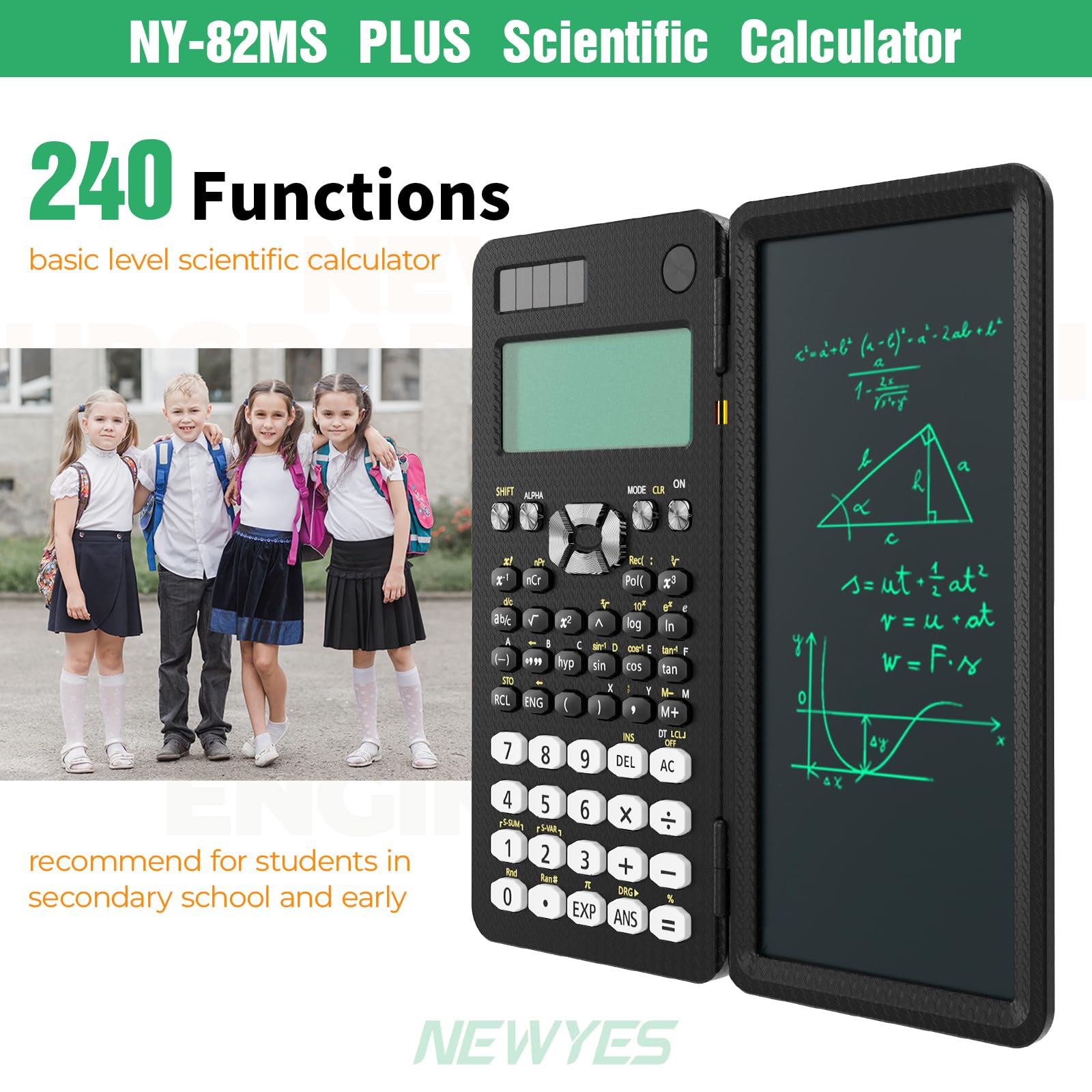 NEWYES Wissenschaftlicher Taschenrechner 82 MS, 240 Funktionen & 2-Line Display Schulrechner mit Schutztcase für Junior, Mittel und Student
