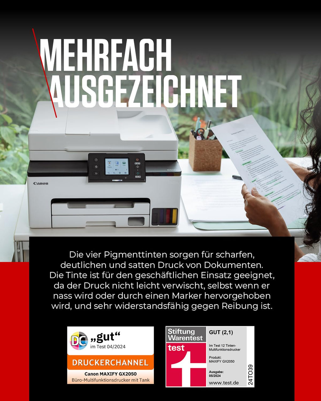Canon MAXIFY GX2050 Tintenstrahldrucker 4-in-1 Multifunktionsgerät DIN A4 (Drucker, Scanner, Kopierer, Fax, ADF, 600x1200 DPI, WLAN, USB, 15/10 ISO-Seiten/Min., Duplexdruck, 250 Blatt Kassette) weiß