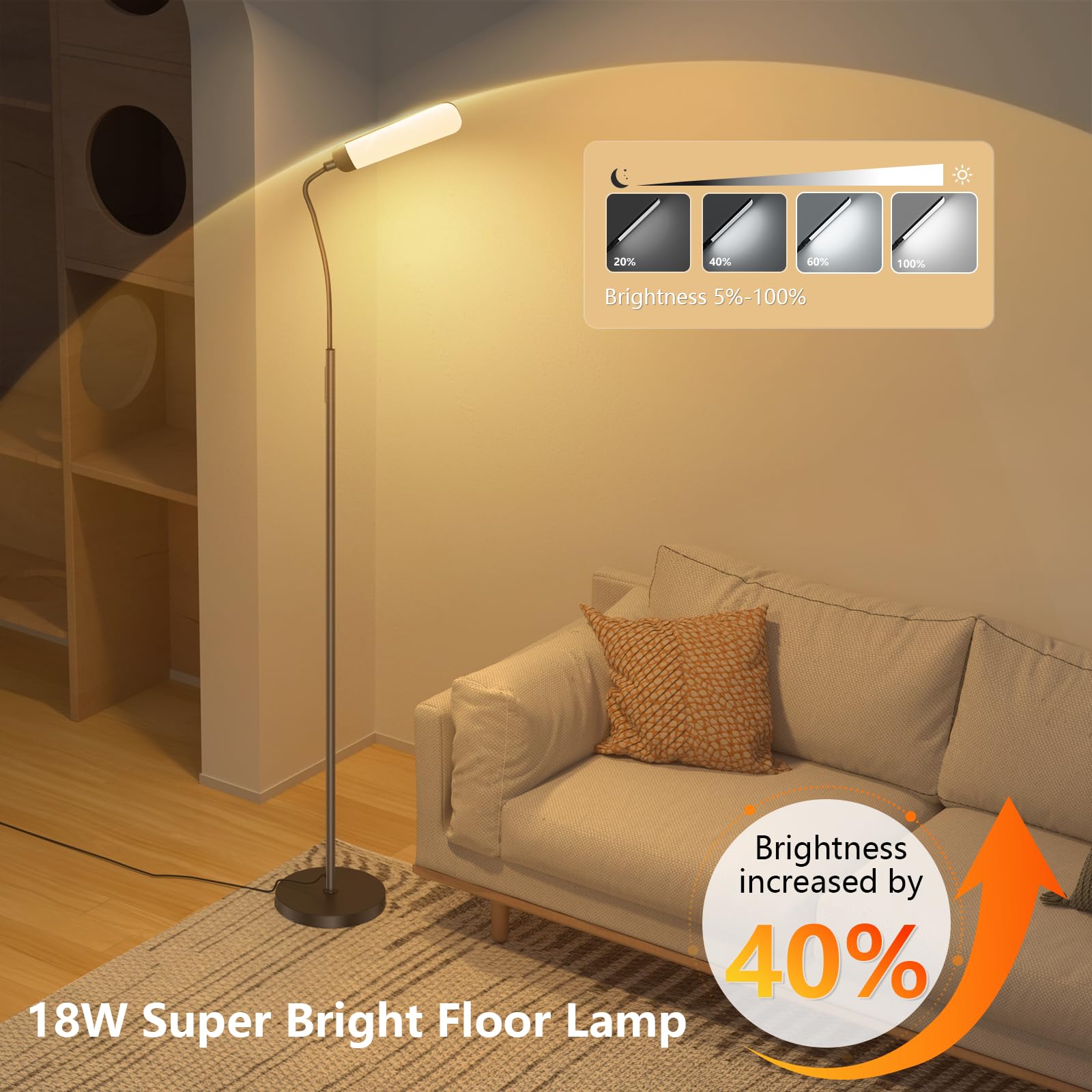 YICAIZI Stehlampe Wohnzimmer - 18W LED Dimmbar Stehende Lampe mit Fernbedienung, 1200Lumen Stehend Leselampe mit 4 Farbtemperaturen & 4 Helligkeiten für Schlafzimmer, Büro, Schwarz