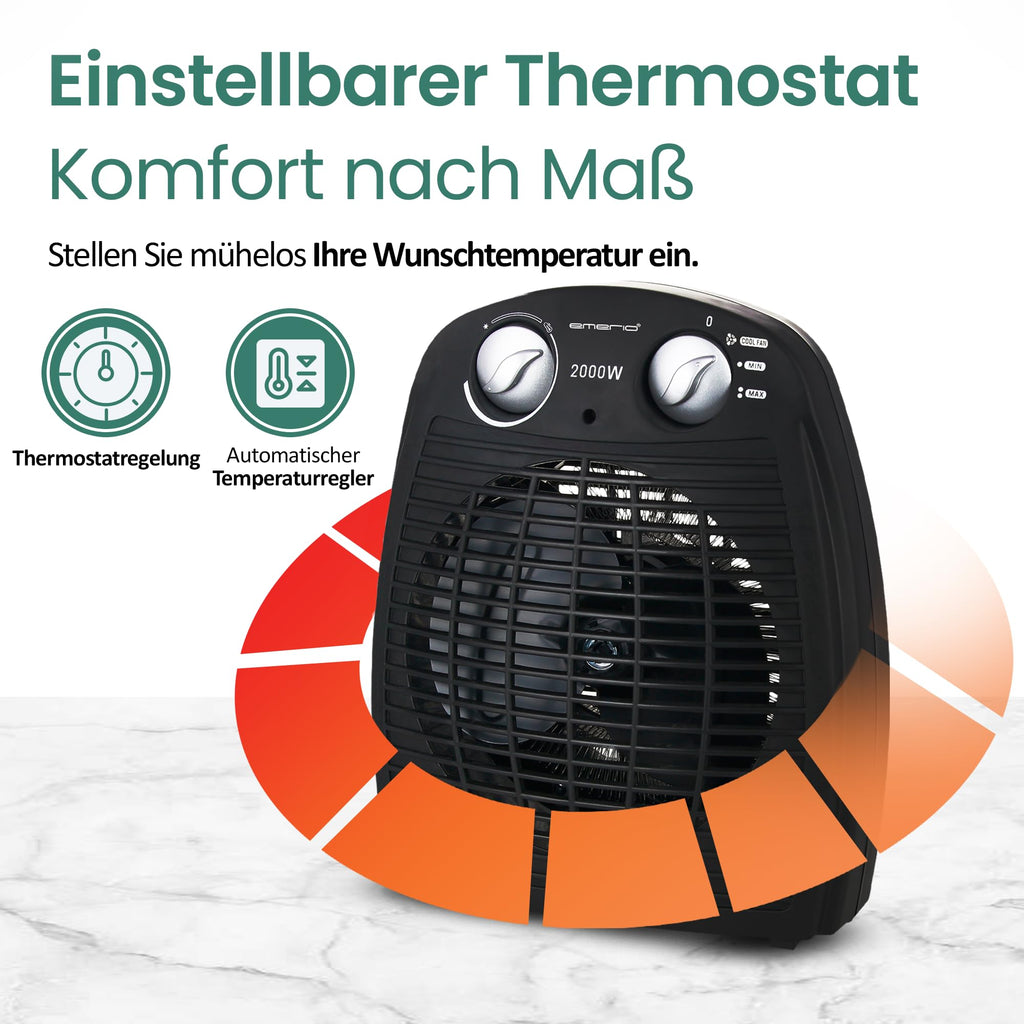 Emerio FH-106737.2, Note 1.5, kleiner kompakter portabler Heizlüfter für 25 m², 2 Heizleistungen + Ventilatorfunktion, verstellbarer Thermostat, Sicherheitsschalter, Handgriff, 2000 Watt, Anthrazit