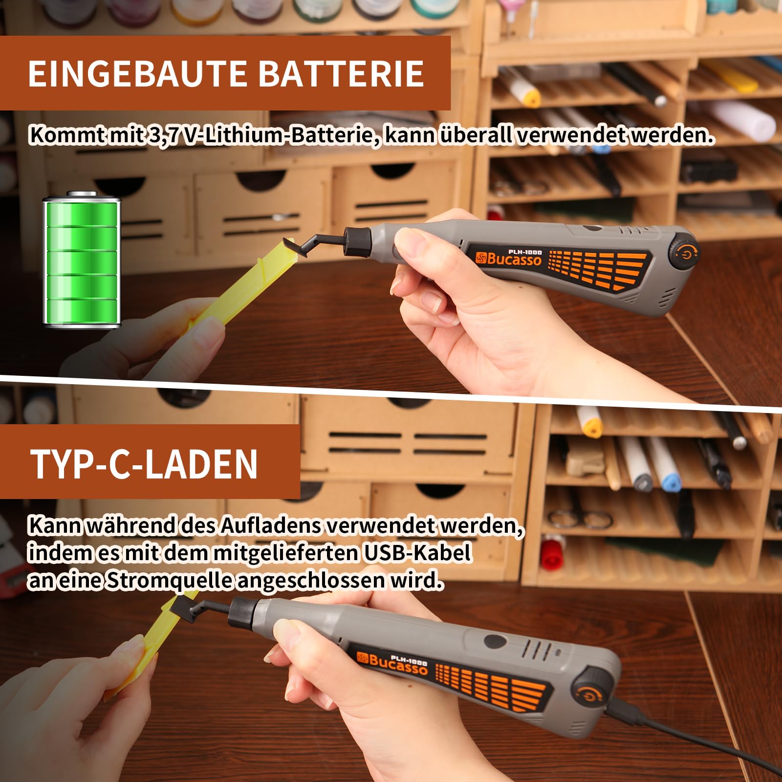 Bucasso Schnurloser Stiftschleifer, variable Geschwindigkeit, Mehrzweck-Elektrowerkzeug zum Schleifen, Polieren, Finishing, DIY-Handwerk (GRAU)