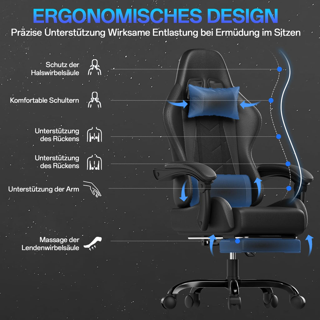 JUMMICO Gaming Stuhl Massage, Bürostuhl Ergonomisch Mit Massage-Lendenkissen, Gamer Stuhl verstellbare Rückenlehne 90-135°,und fußstütze, Gamingstuhl 150 kg belastbarkeit, Schwarz