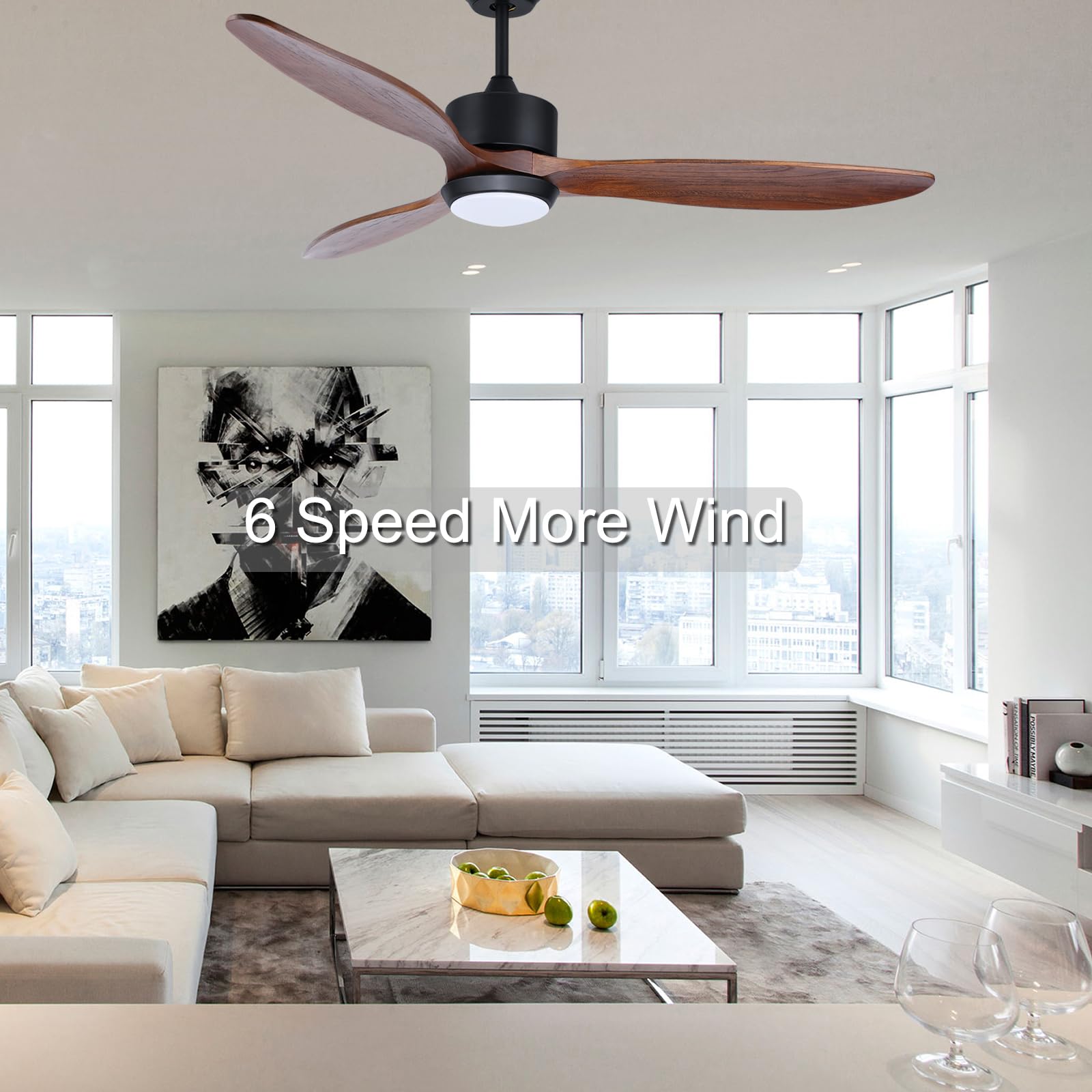 Ovlaim 132cm Walnuss Holz Deckenventilatoren mit Beleuchtung Fernbedienung, 3-Blatt-Propeller Smart Deckenventilator für Indoor Outdoor, hoher Luftstrom leiser DC-Motor