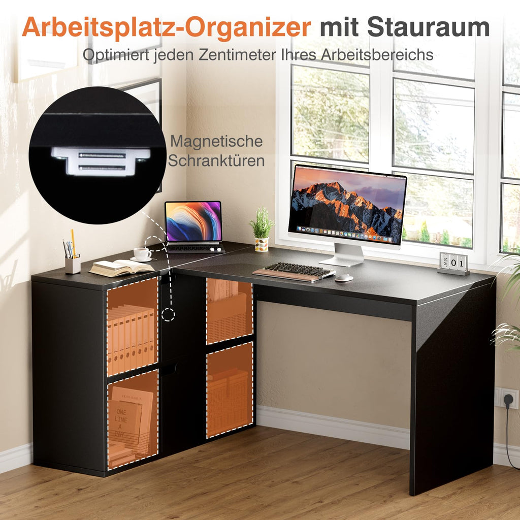 Sweetcrispy L-Form Schreibtisch mit Regal & Schrank, 120x100x75cm Eckschreibtisch, Starker Gaming Tisch mit Ablageflächen, Einfacher Montage, Schwarz