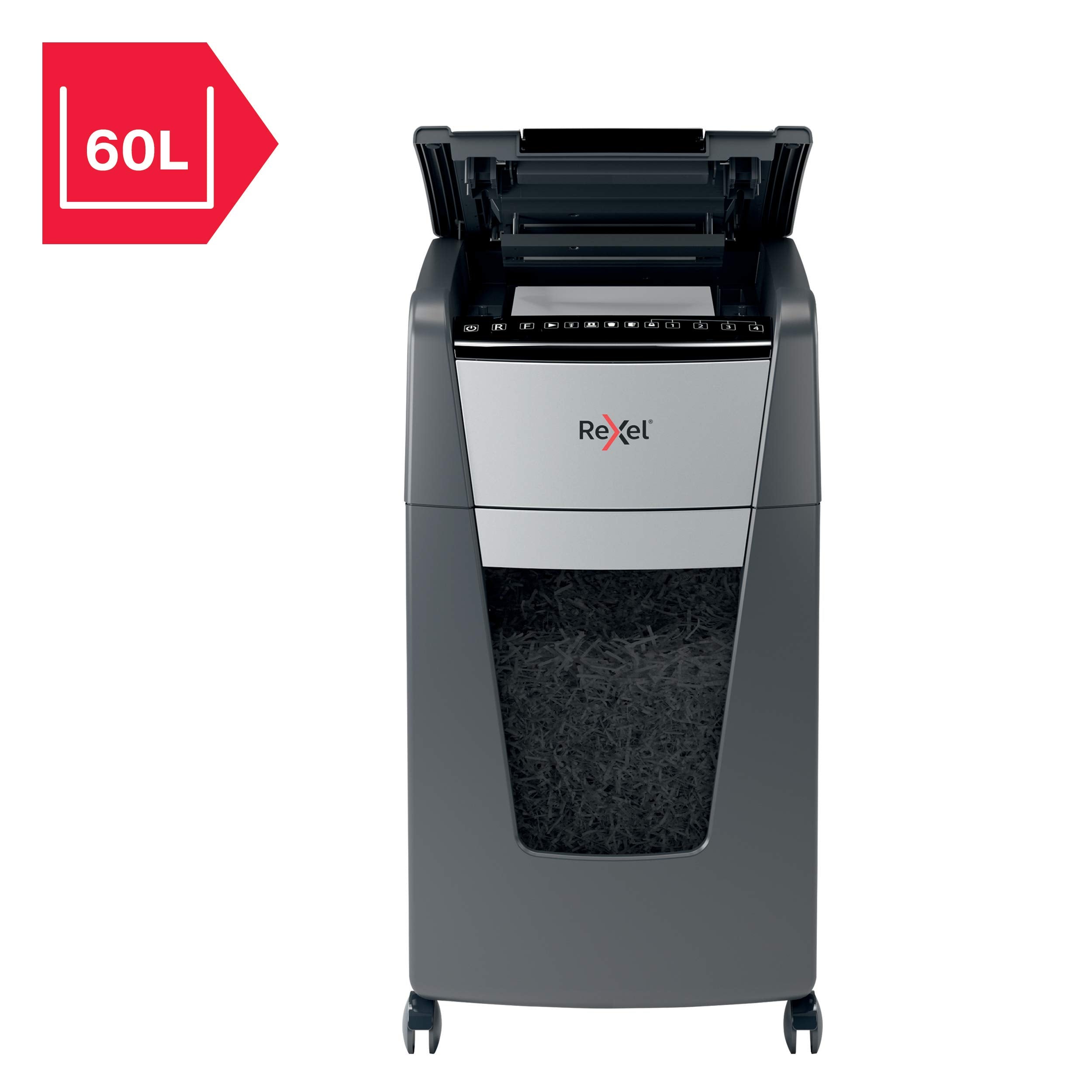 Rexel Optimum AutoFeed+ 300X Automatischer Aktenvernichter, 300 Blatt automatisch, Sicherheitsstufe P4, Partikelschnitt, für Büros und Abteilungen, 60 Liter Abfallbehälter, mit Lenkrollen, 2020300XEU