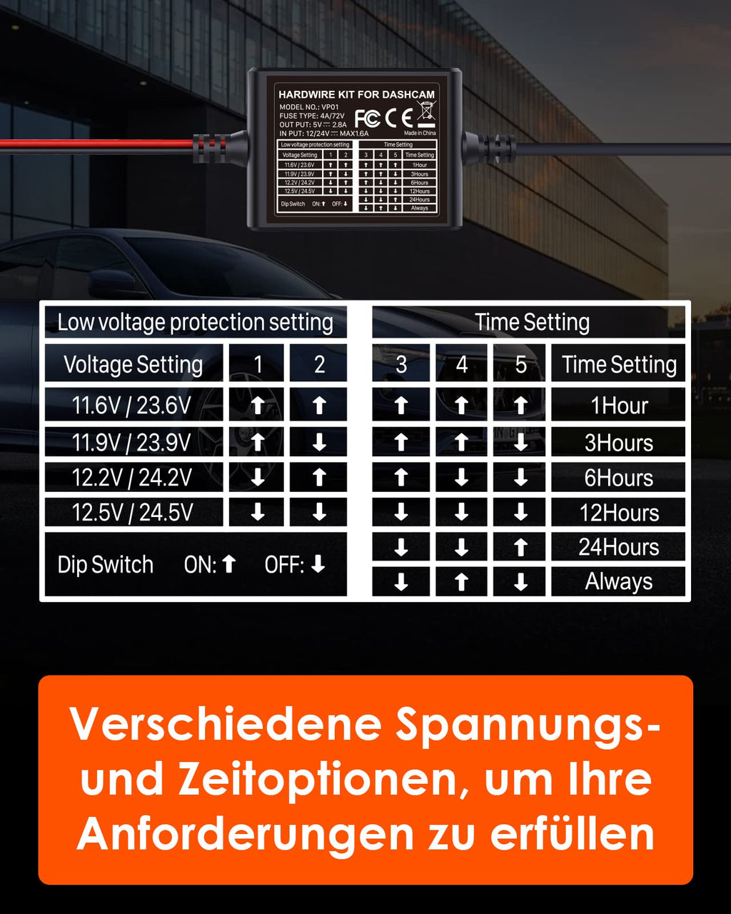 VANTRUE 5 Stufen 11,5 Ft USB-C Hardwire-Kit mit Acc für alle Dashcams, 6 Aufnahmezeiteinstellungen, 12V-24V zu 5V, 24Std. Parkmodus, kompatibel mit USB-C Dashcam