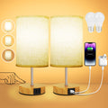 Suright Nachttischlampe Touch Dimmbar 2er Set, Tischlampe mit Ladefunktion USB A+C-Anschlüssen, Leinen-Lampenschirm, Holzsockel, Kleine Lampe für Schlafzimmer Wohnzimmer (LED-Birne Inklusive)
