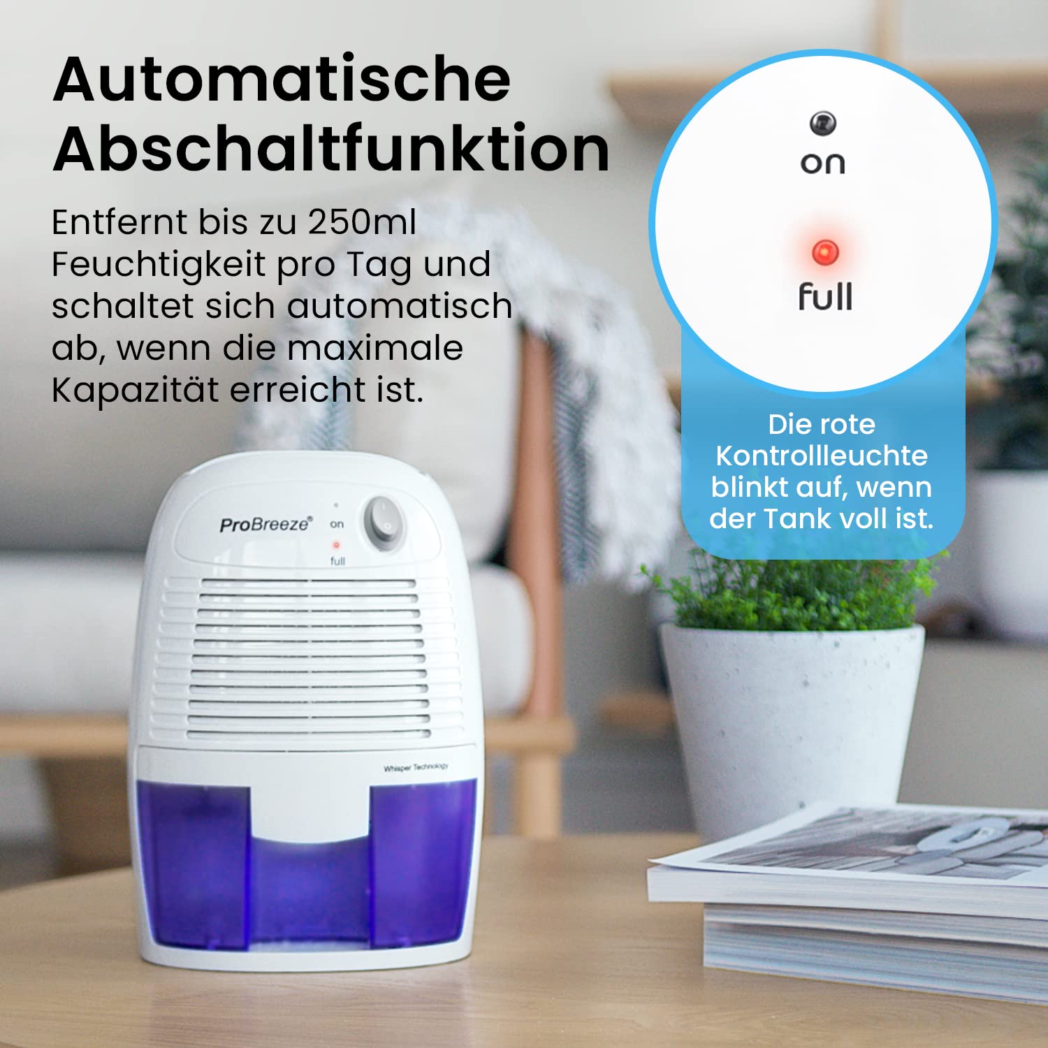 Pro Breeze Mini Luftentfeuchter 500ml gegen Feuchtigkeit, Schmutz, Schimmel, Geräuscharm und Kompakt für Kleine Räume, Automatisches Abschalten, geeignet für Allergiker - Weiß
