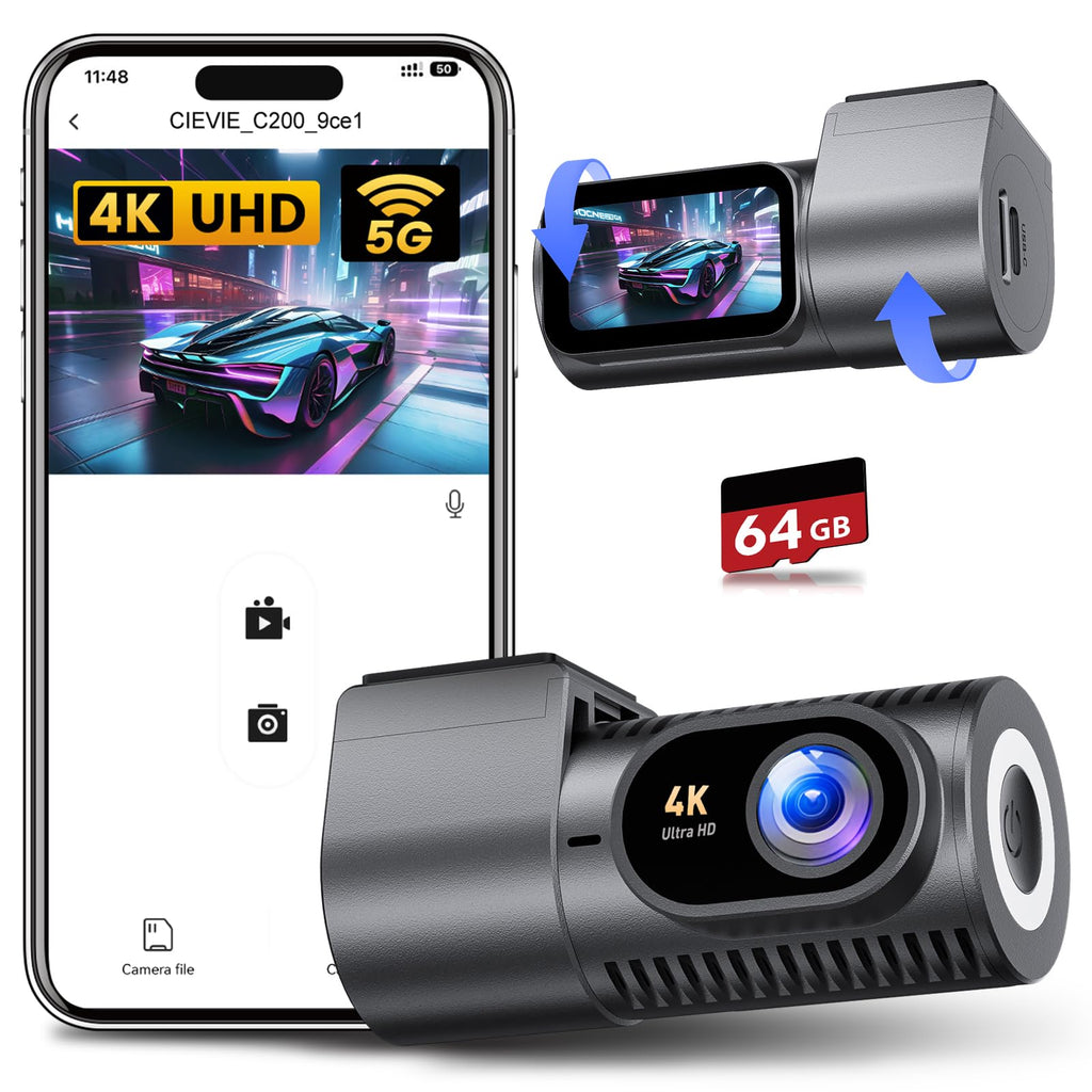 CIEVIE Dashcam Auto Vorne 4K, 1,5" IPS Display & 5G WiFi & 64GB Karte, 360° Drehbar Mini Dash Cam, Auto Kamera mit WDR Nachtsicht, 24/7 Parküberwachung, G-Sensor, Loop-Aufnahme, 170° Weitwinkel, C200