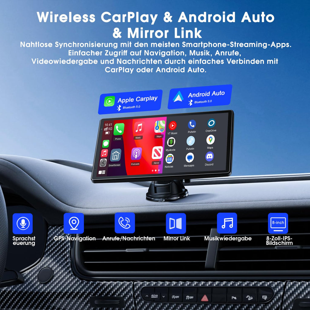 Avylet 8'' Tragbares Carplay Display für Apple CarPlay & Android Auto, Touch Bildschirm, Magnetische Halterung, OTA-Updates, IP67 1080P Rückfahrkamera, Bluetooth, Sprachsteuerung, GPS-Navigation