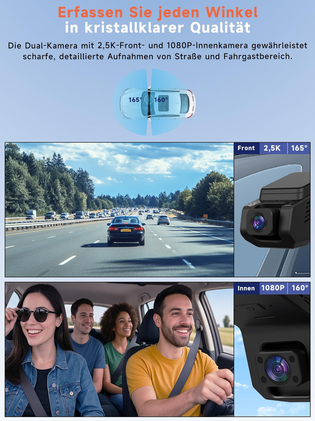Veement Dashcam Auto Vorne Und Innen 2,5k+1080p, Mini Dash Cam Auto Kamera Mit 32-GB-Karte, Super-Nachtsicht, 4 IR-LEDs, 165° Weitwinkel WDR, G-Sensor, Loop-Aufnahme, 24H Parkmodus (Dunkelschwarz)
