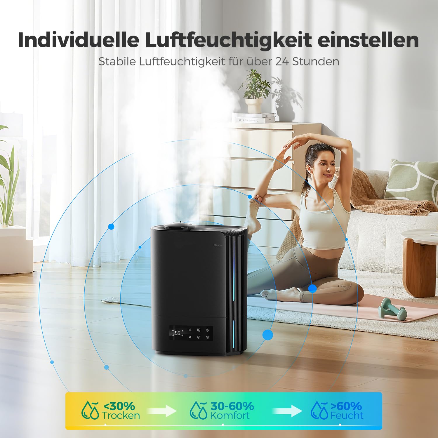 AROEVE 6L Luftbefeuchter Schlafzimmer, Aroma Diffusor, Ultraschall Top-Fill Luftbefeuchter für Baby Kinderzimmer, Pflanzen, 60h leise Raumbefeuchter, intelligente Luftfeuchtigkeitskontrolle, Schwarz