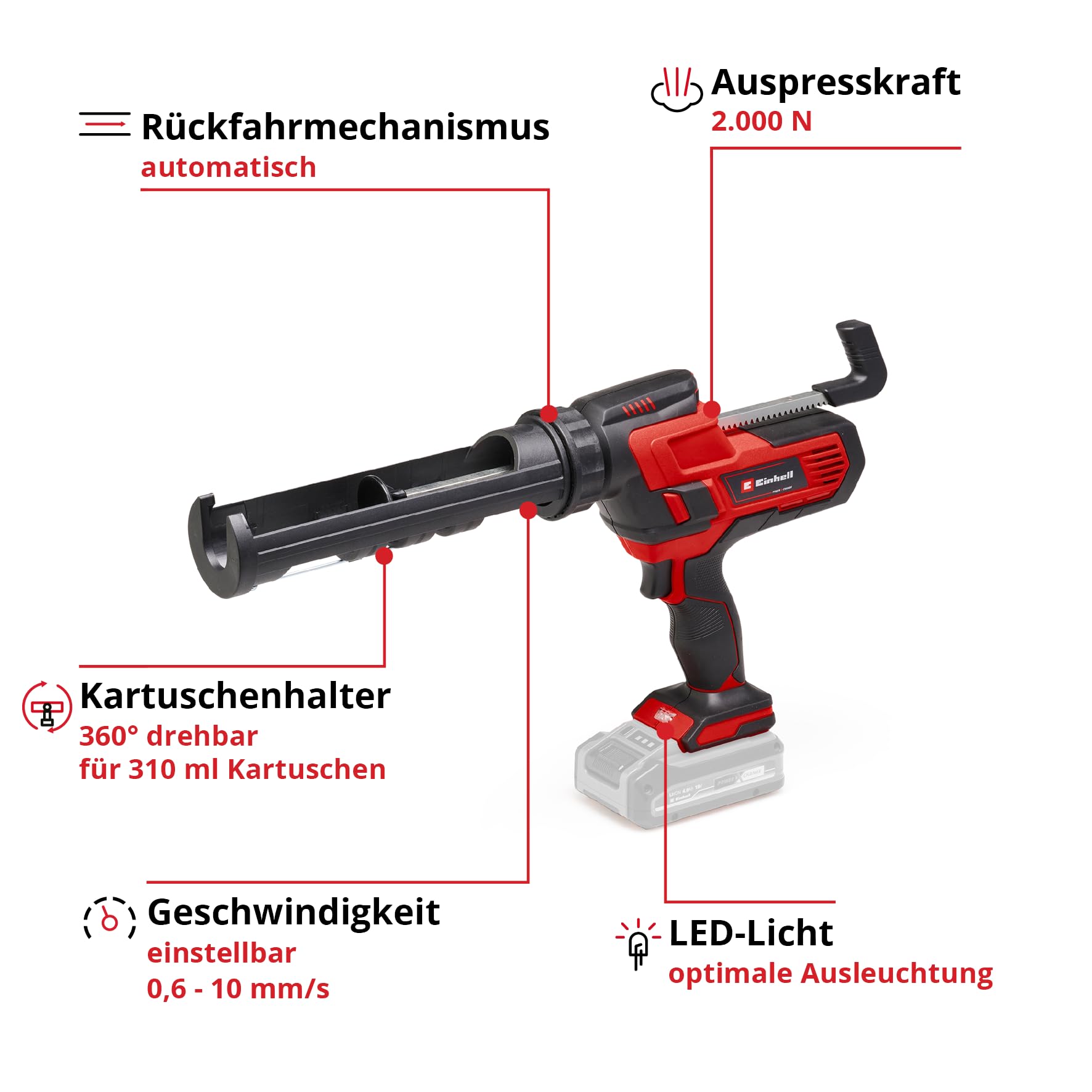 Einhell Akku-Kartuschenpistole TE-SG 18/10 Li-Solo Power X-Change (18 V, für 310 ml-Kartuschen, bis zu 2.000 N, einstellbare Drehzahl, ohne Akku)