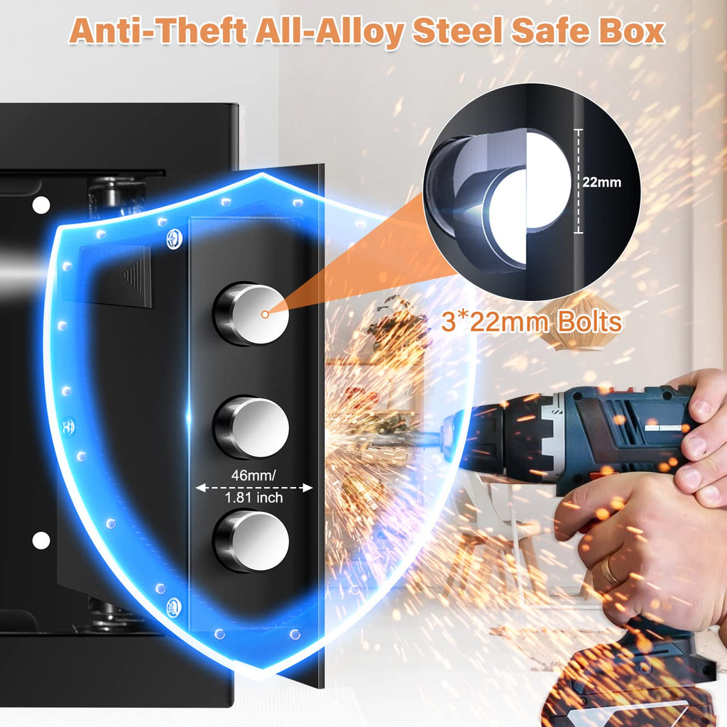 Mejasg Feuerfester Safe mit Geldbeutel, feuerfest, klein, elektrisch, mit abnehmbarem Regal und Alarmmodus, Wandtresor für Schmuck, Geld, Dokumente, Medikamente