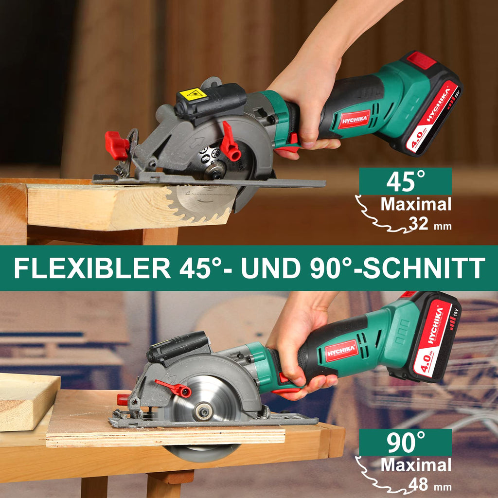 HYCHIKA Handkreissäge 18V, Kreissäge mit 4,0Ah Akku 3500U mit 3 Sägeblättern (115 & 125mm), Laserführung & führungsschiene, Max Schnitttiefe 48mm(90°)/32mm(45°), Mini Kreissäge für Holz, Weichmetall