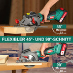 HYCHIKA Handkreissäge 18V, Kreissäge mit 4,0Ah Akku 3500U mit 3 Sägeblättern (115 & 125mm), Laserführung & führungsschiene, Max Schnitttiefe 48mm(90°)/32mm(45°), Mini Kreissäge für Holz, Weichmetall